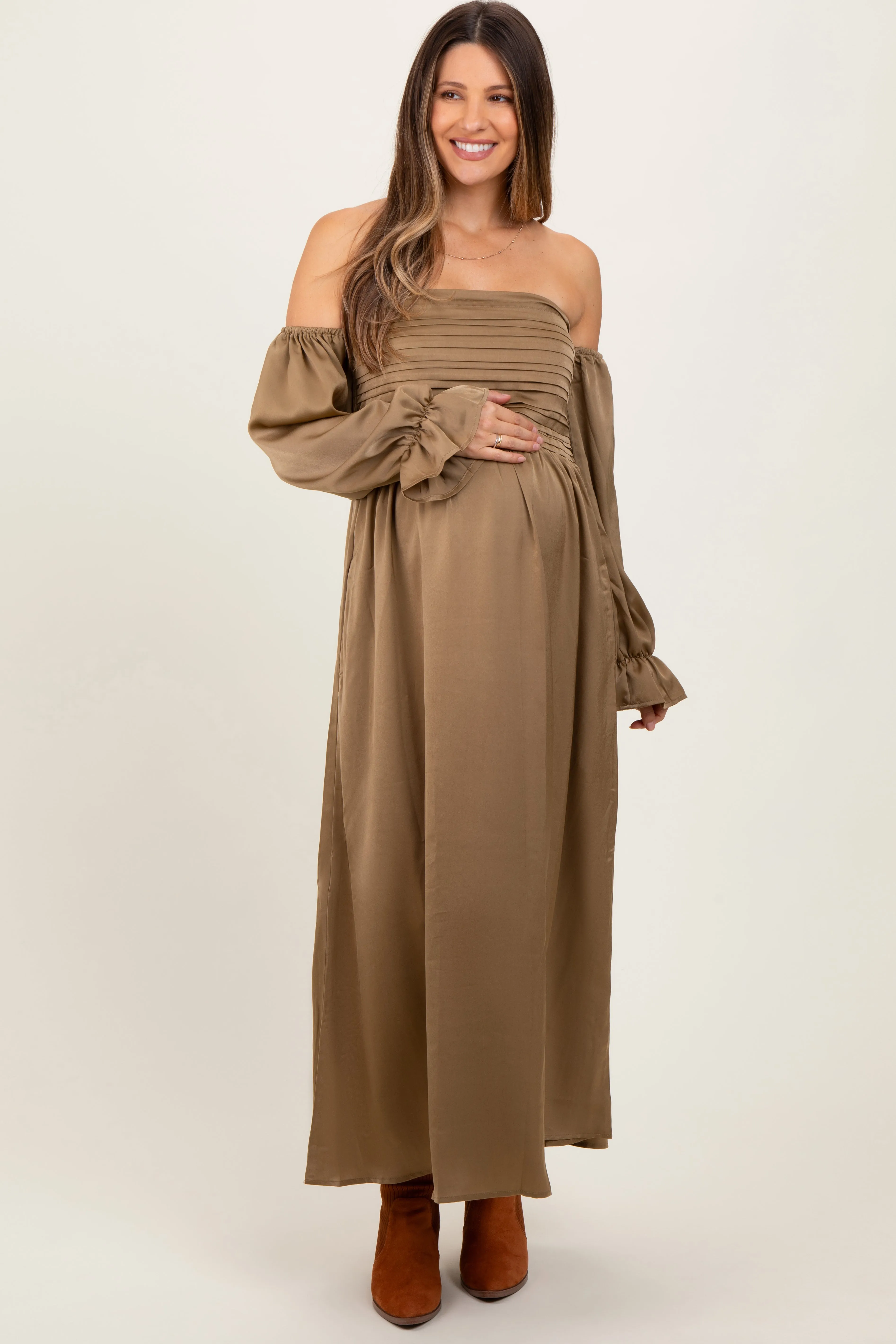 Olive Off Shoulder Satin Pleated Bodice Maternity Maxi Dress sold by Pinkblush product image thumbnail 2