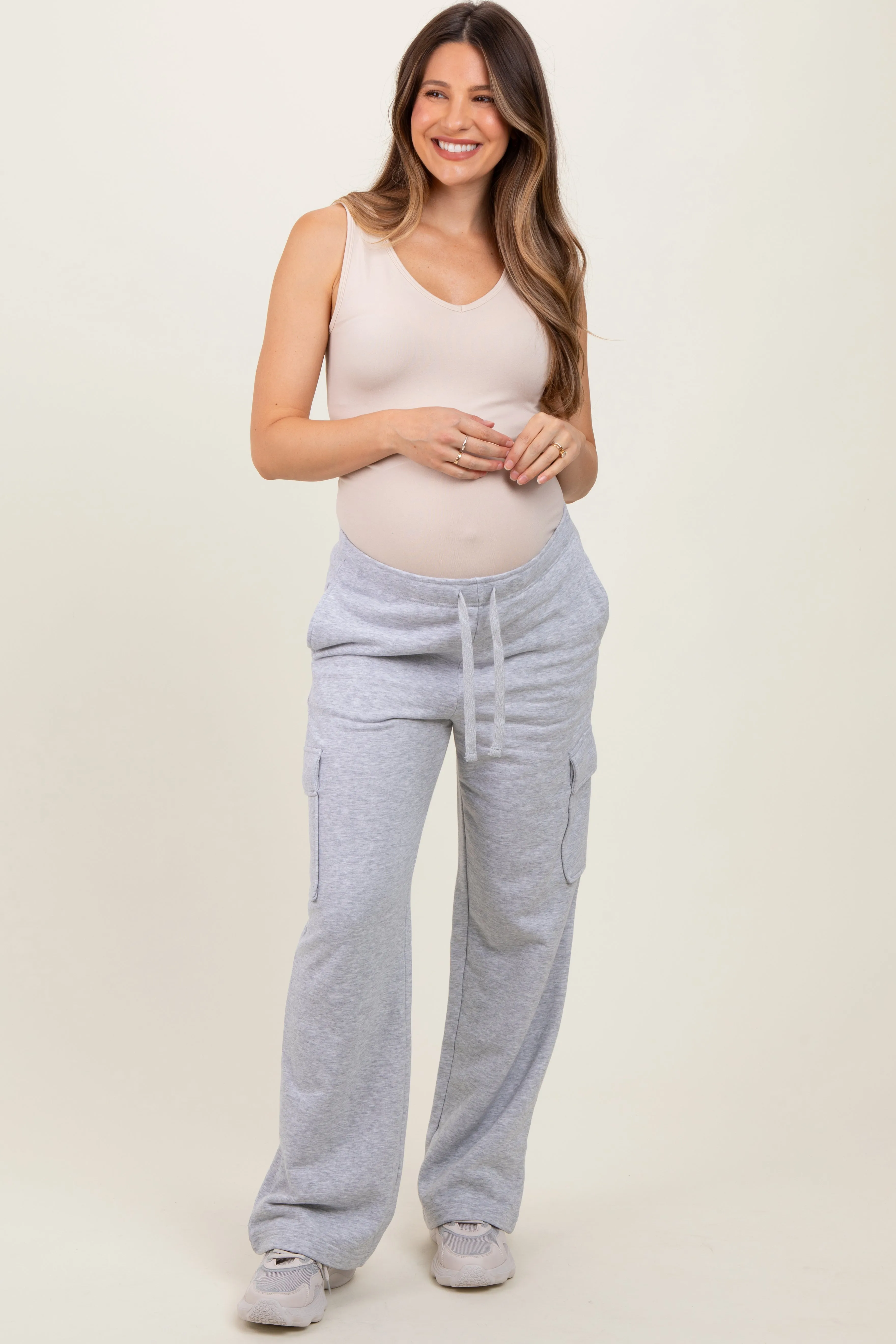 Heather Grey Cargo Pocket Straight Leg Maternity Sweatpants sold by Pinkblush