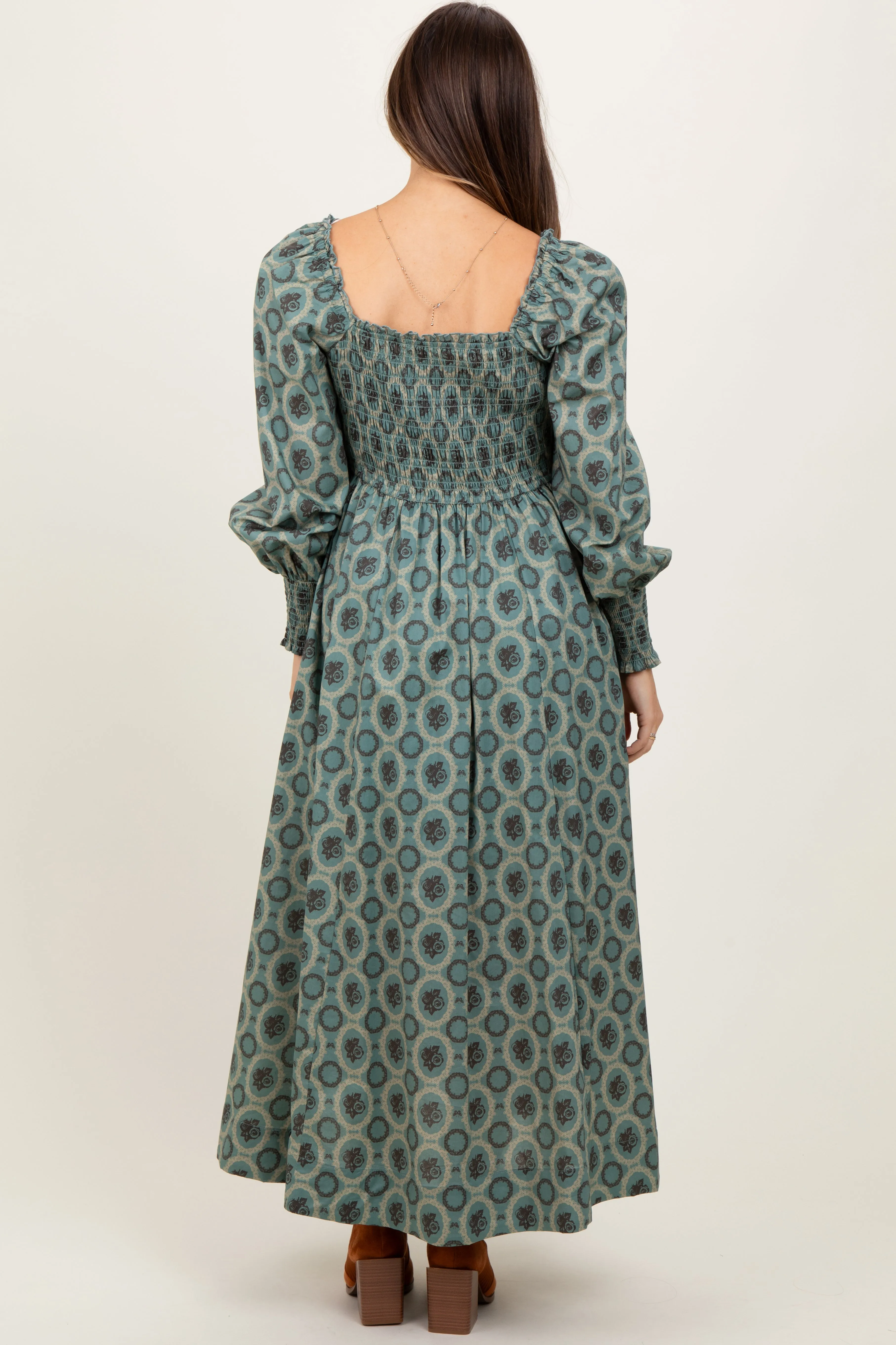 Olive Smocked Printed Square Neck Maternity Maxi Dress sold by Pinkblush product image thumbnail 3