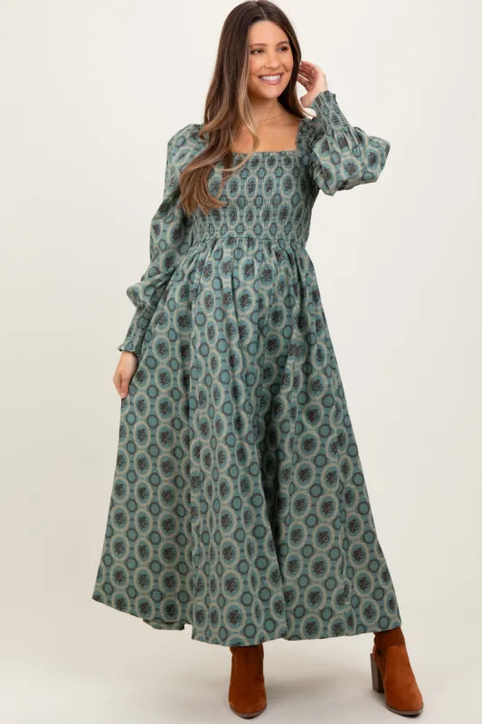 Olive Smocked Printed Square Neck Maternity Maxi Dress sold by Pinkblush