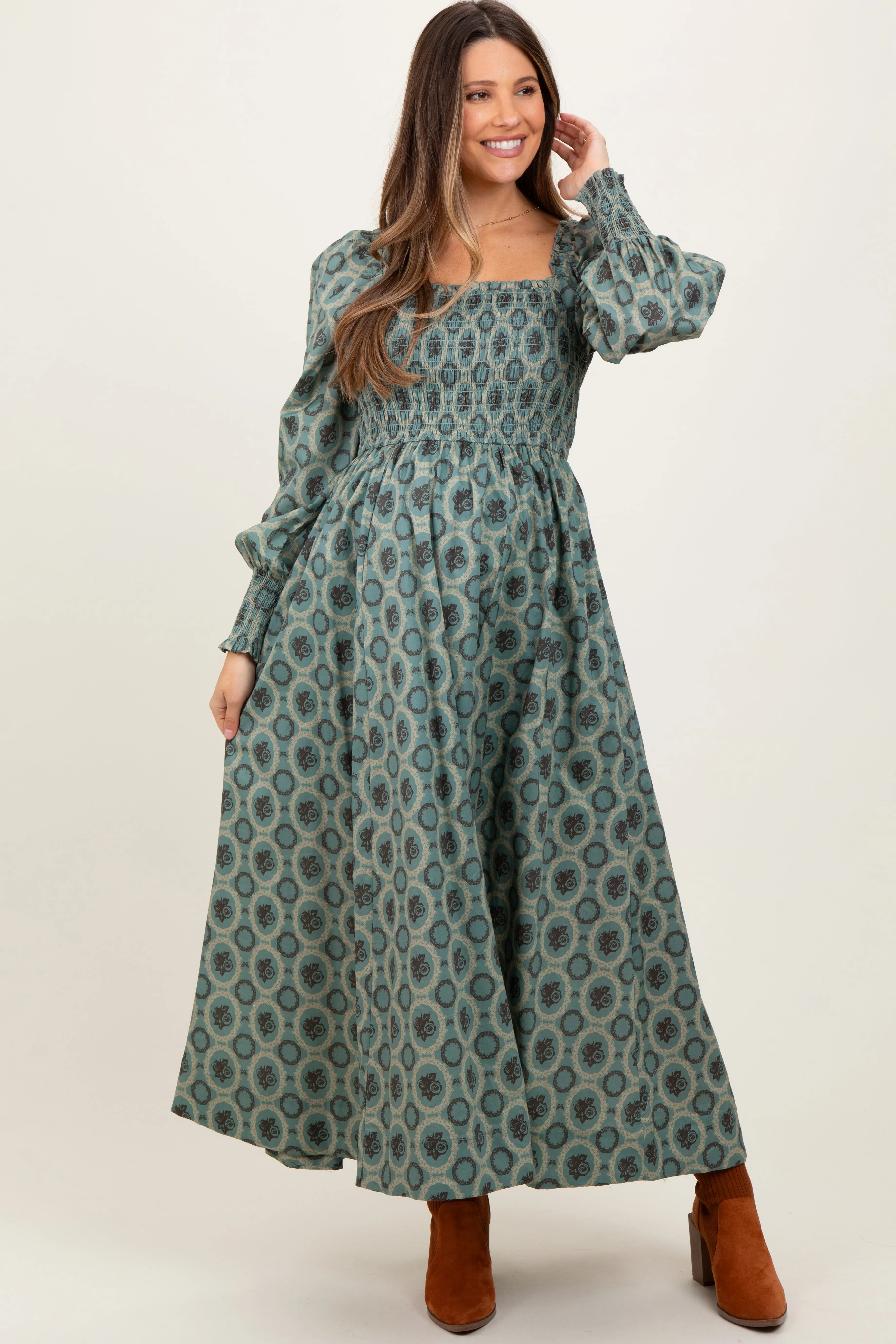 Olive Smocked Printed Square Neck Maternity Maxi Dress sold by Pinkblush