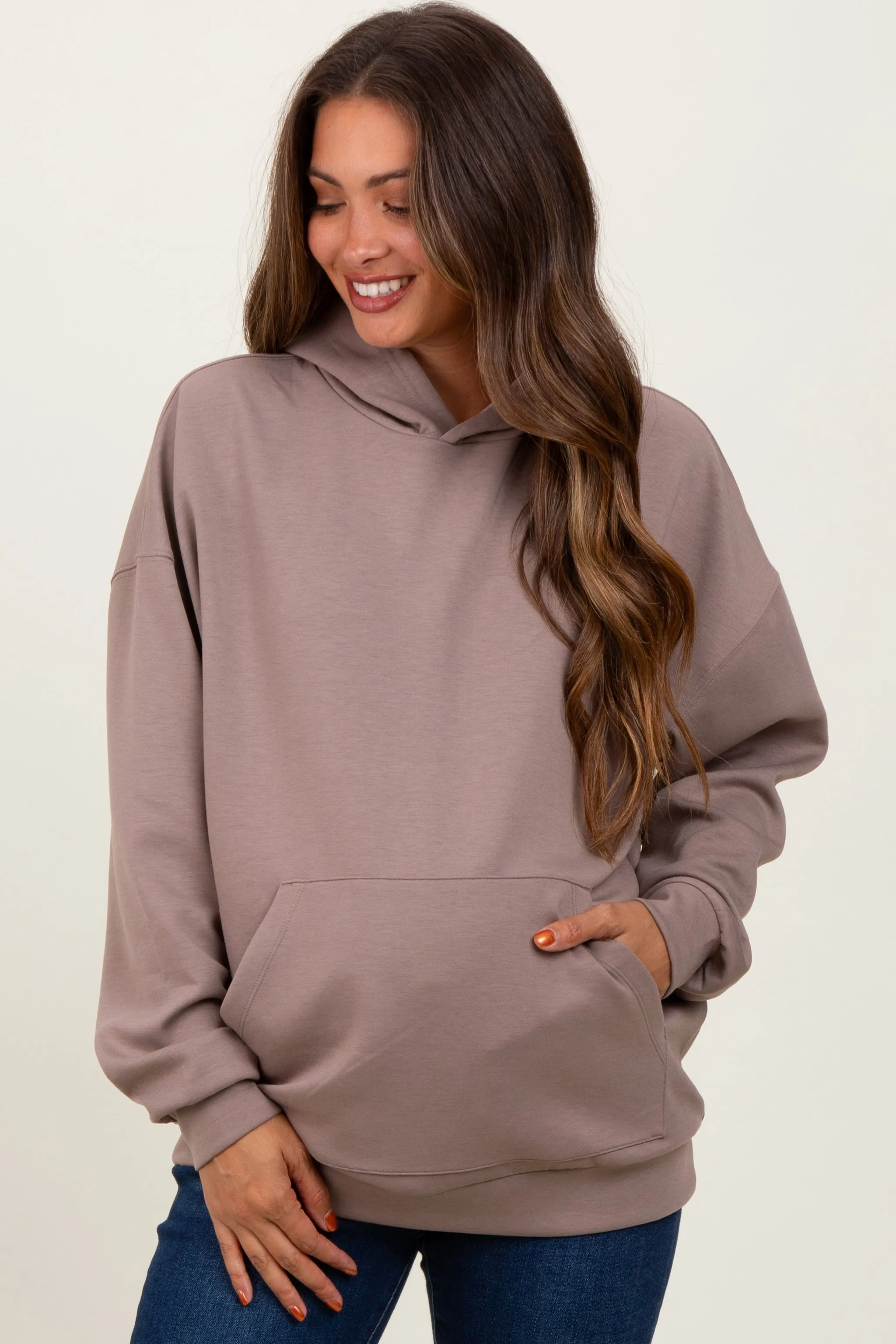 Taupe Basic Maternity Hoodie Sweatshirt sold by Pinkblush