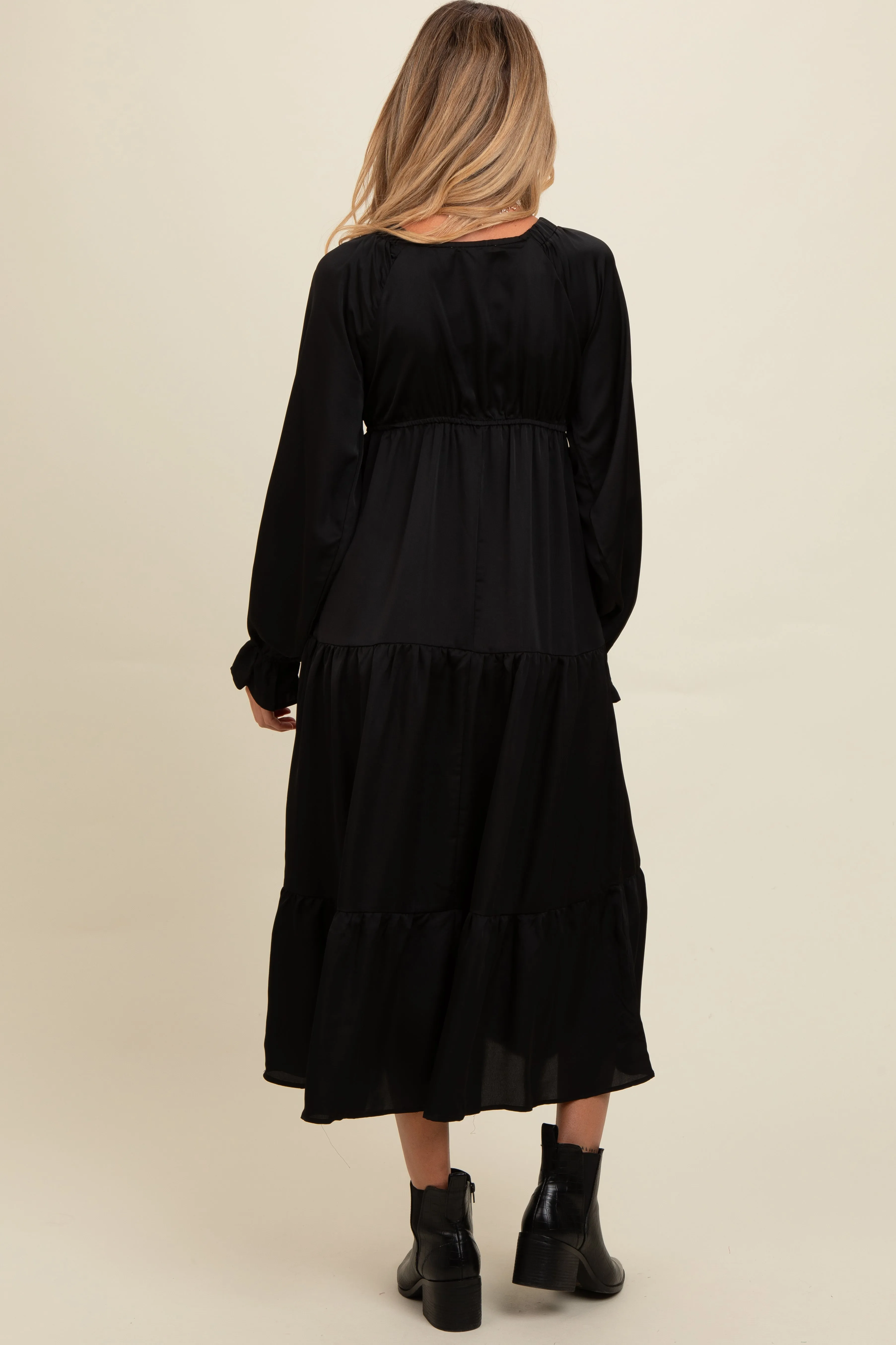 Black Satin V-Neck Tiered Maternity Maxi Dress sold by Pinkblush product image thumbnail 3