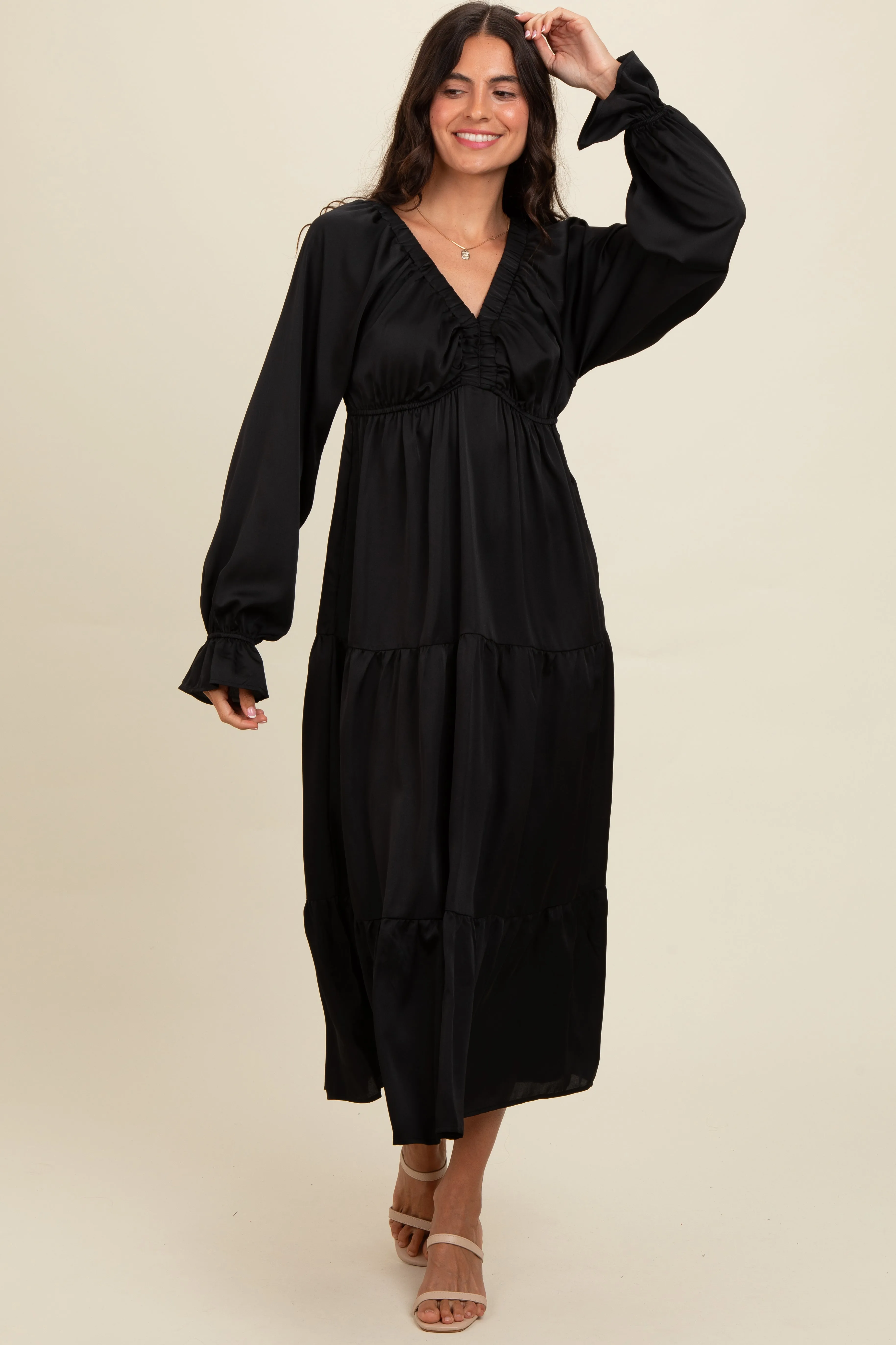 Black Satin V-Neck Tiered Maternity Maxi Dress sold by Pinkblush product image thumbnail 4