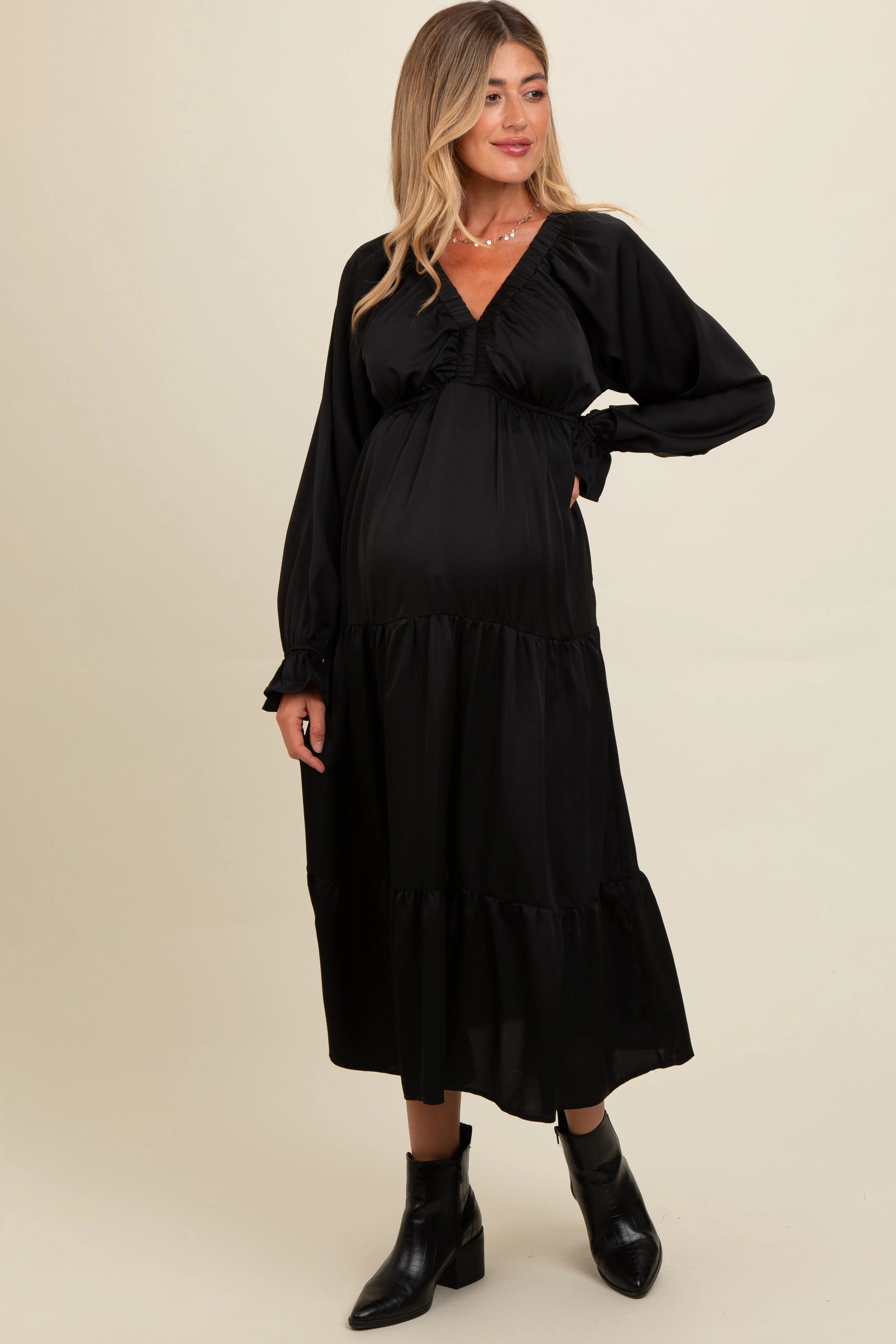 Black Satin V-Neck Tiered Maternity Maxi Dress sold by Pinkblush