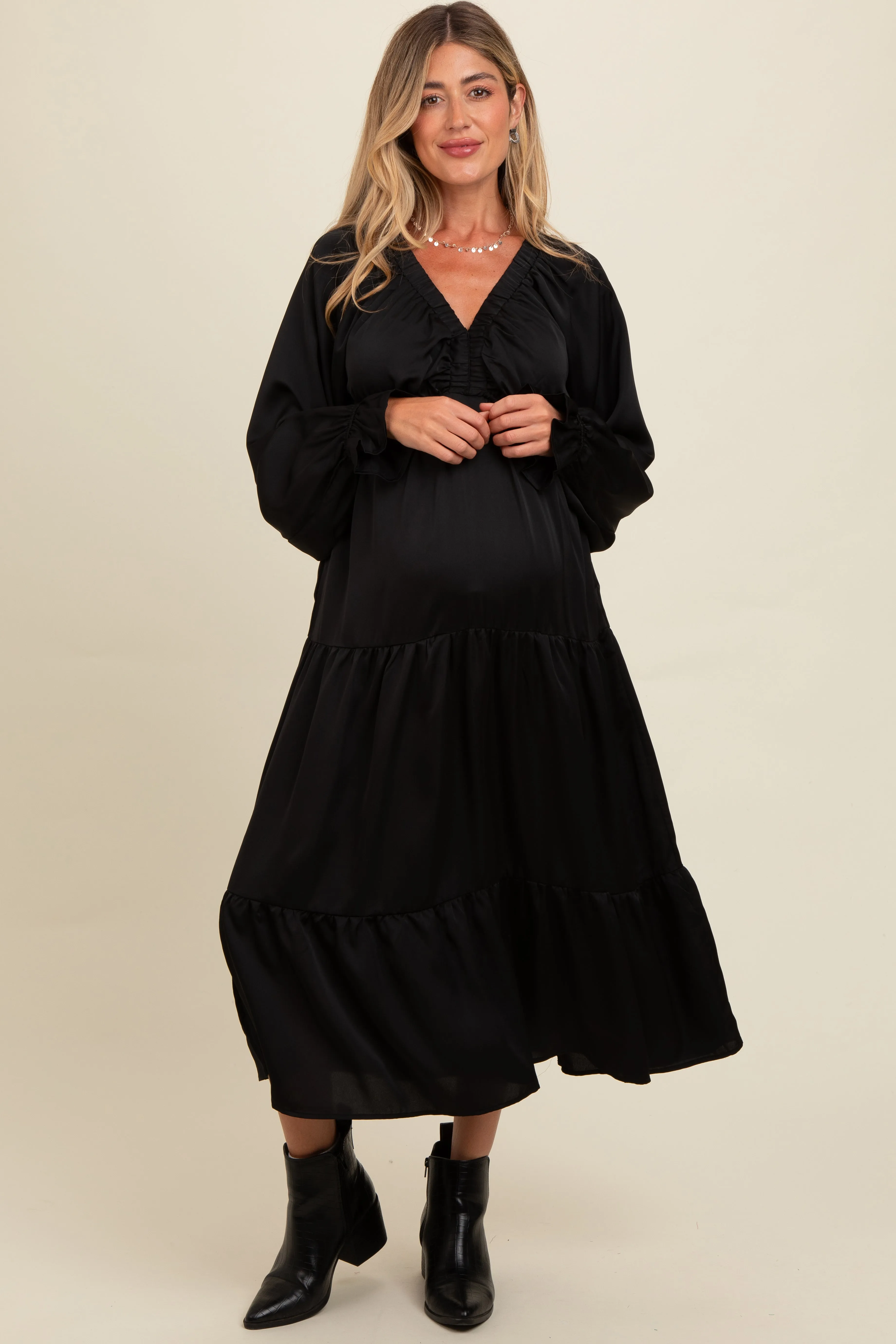 Black Satin V-Neck Tiered Maternity Maxi Dress sold by Pinkblush product image thumbnail 2