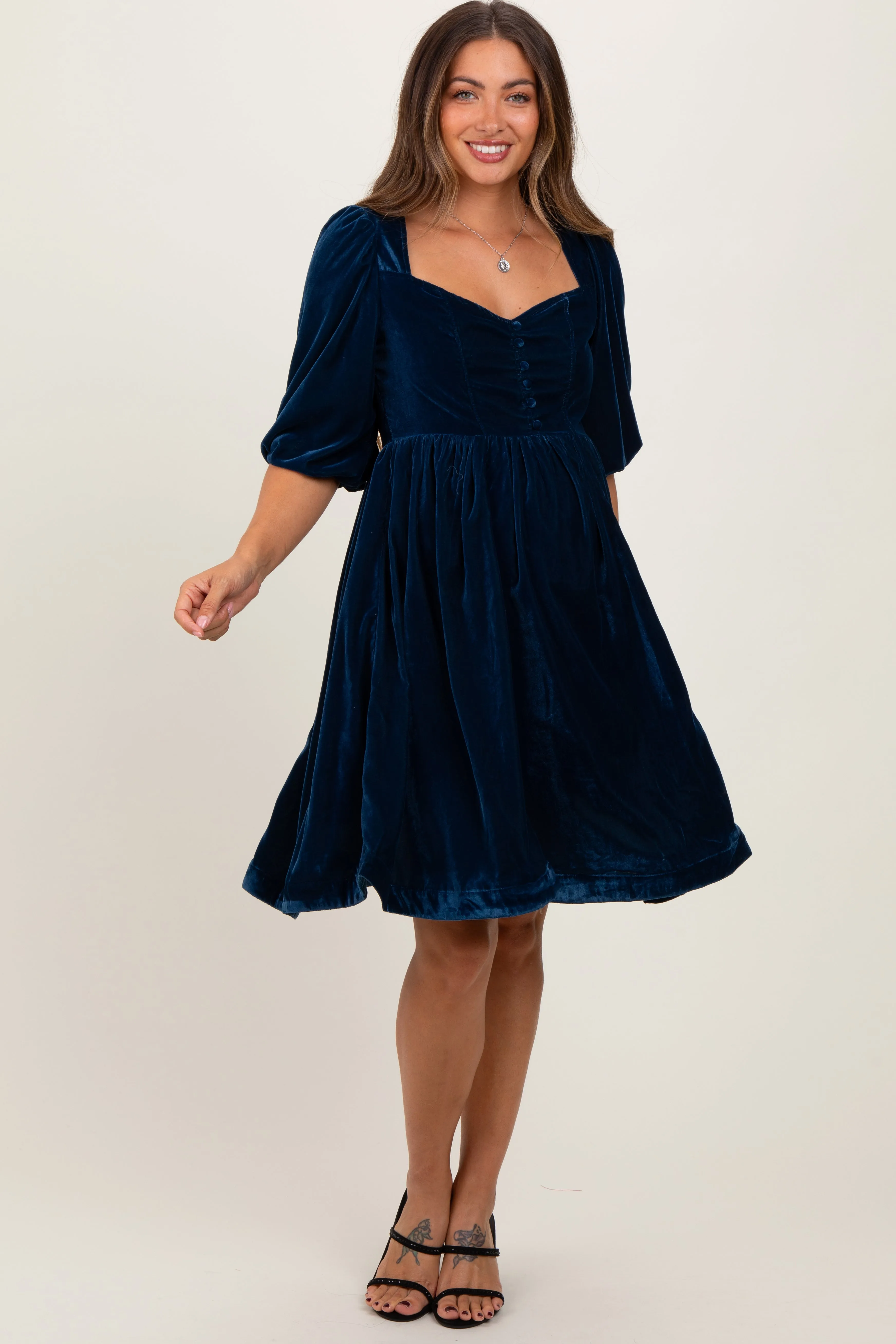 Navy Velvet Sweetheart Button Accent Maternity Dress sold by Pinkblush product image thumbnail 2