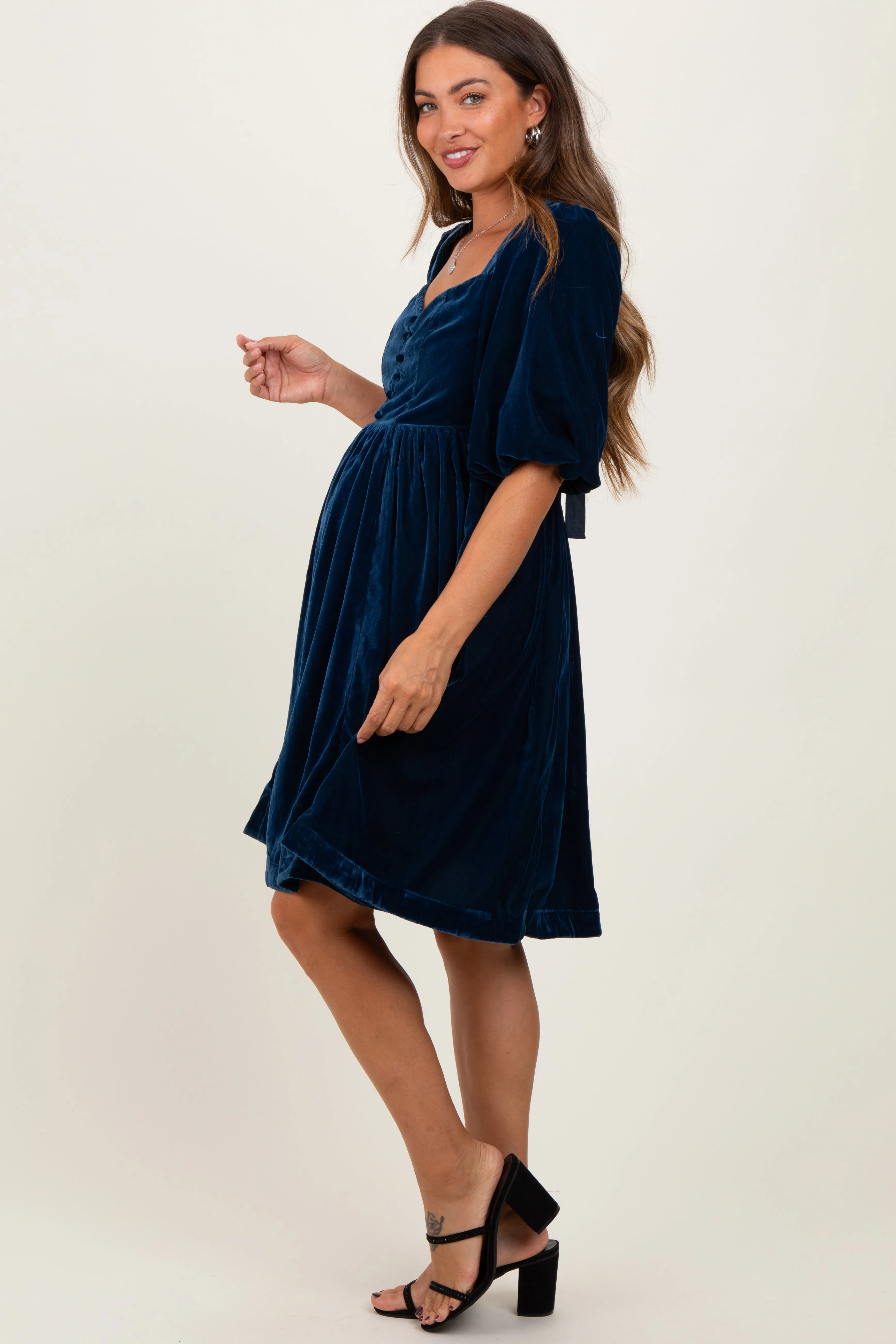 Navy Velvet Sweetheart Button Accent Maternity Dress sold by Pinkblush product image thumbnail 3