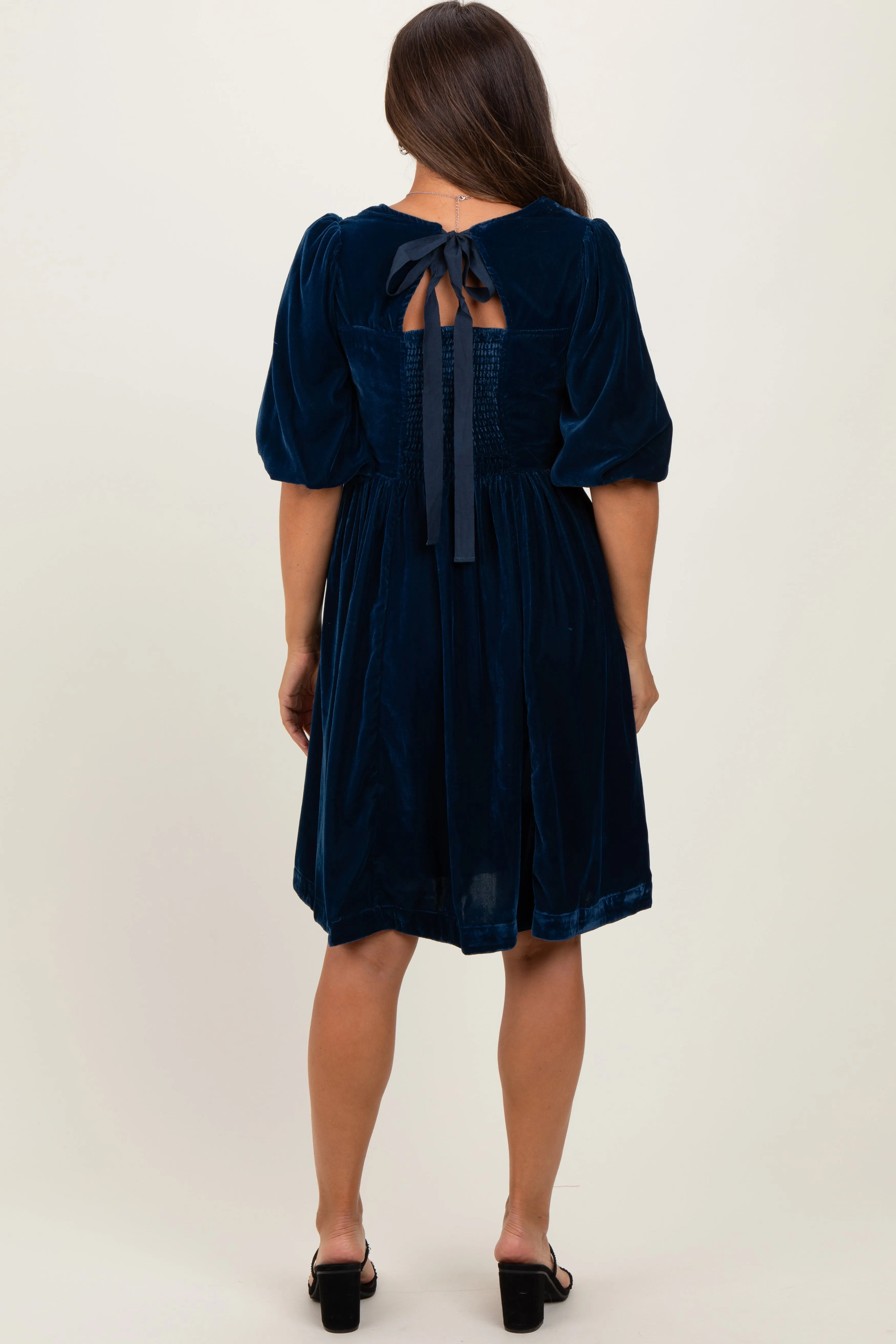 Navy Velvet Sweetheart Button Accent Maternity Dress sold by Pinkblush product image thumbnail 4