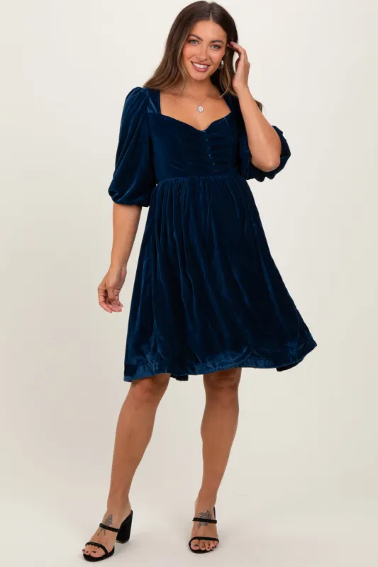 Navy Velvet Sweetheart Button Accent Maternity Dress sold by Pinkblush