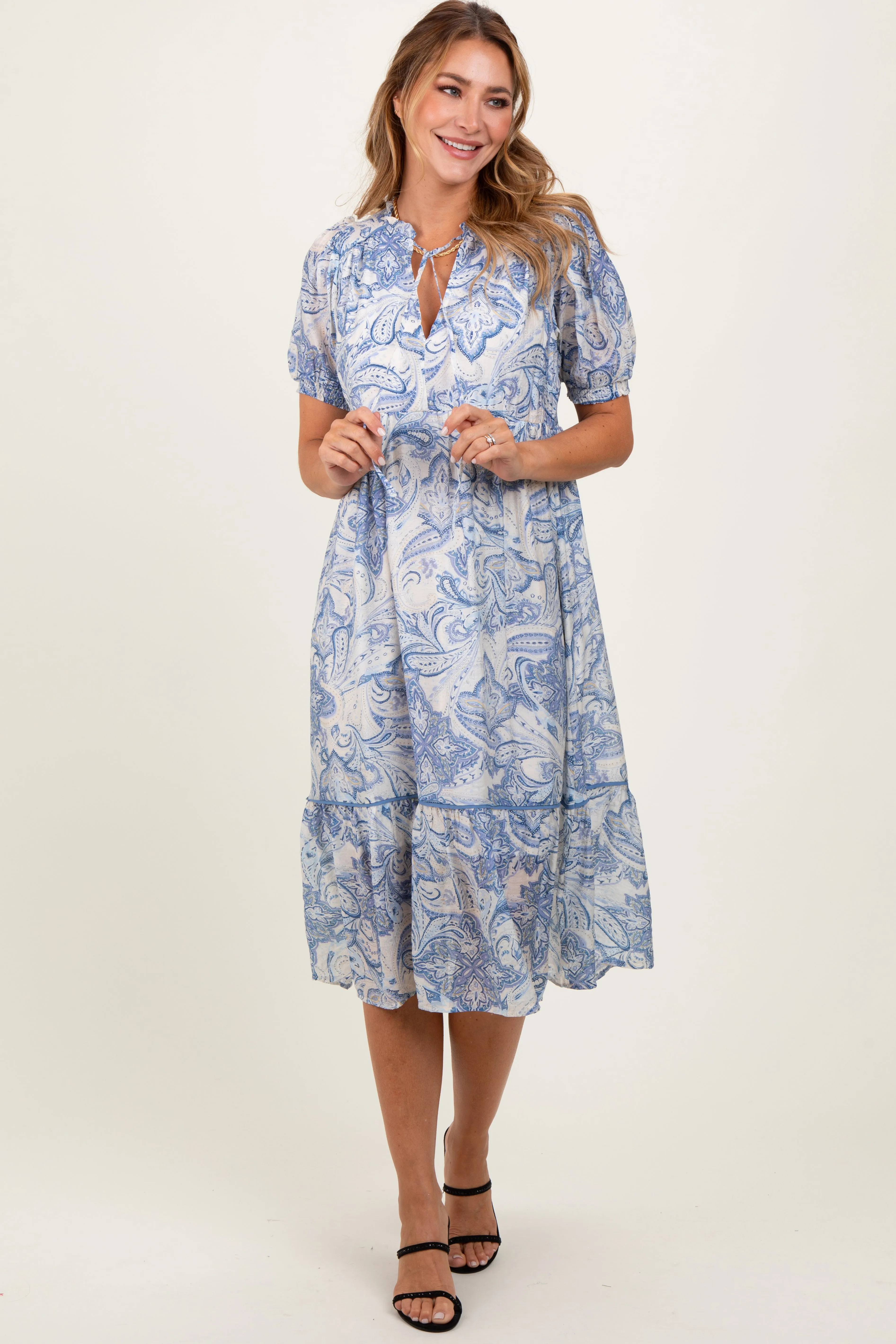 Blue Paisley Front Tie Ruffle Trim Midi Dress sold by Pinkblush product image thumbnail 2