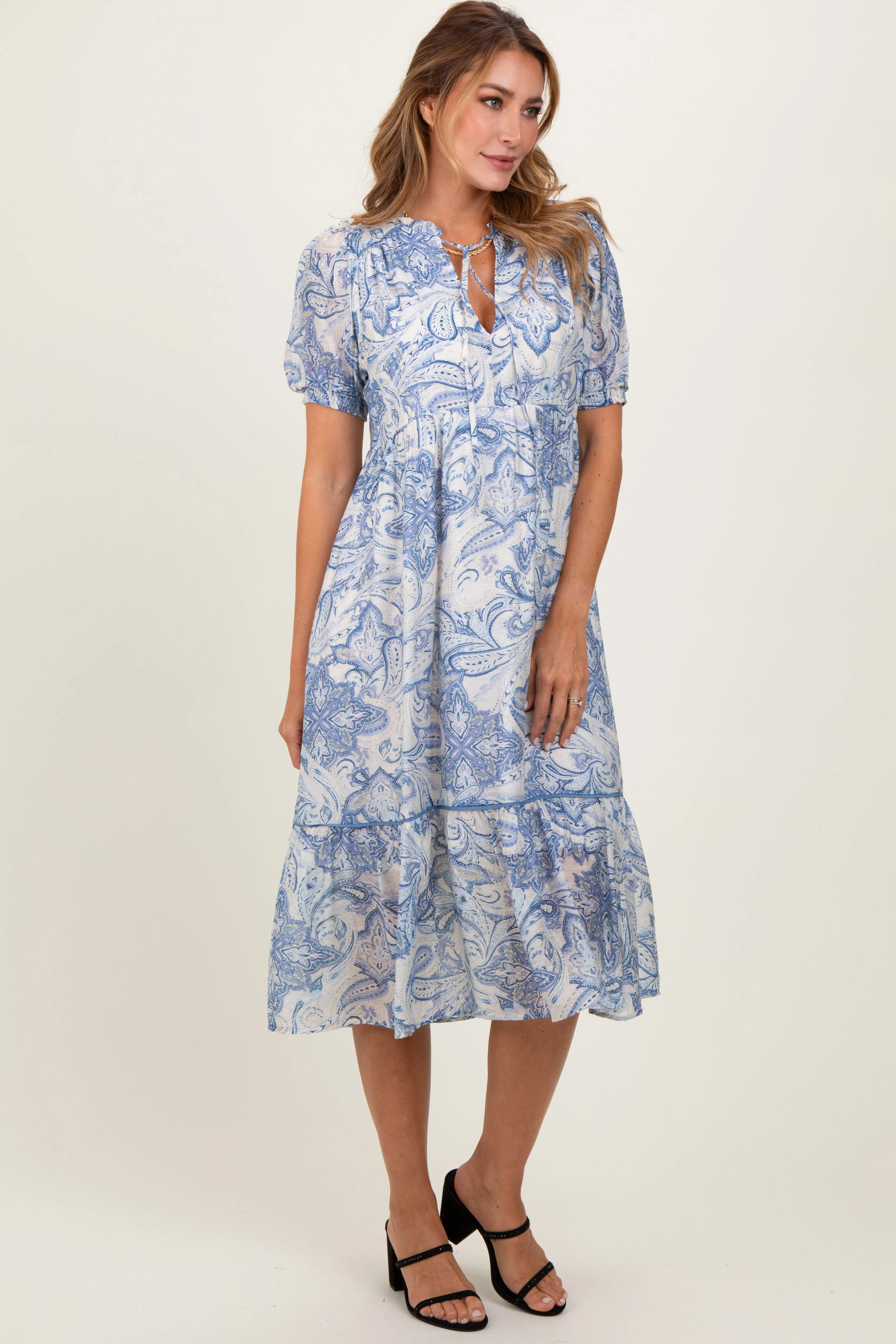 Blue Paisley Front Tie Ruffle Trim Midi Dress sold by Pinkblush product image thumbnail 3