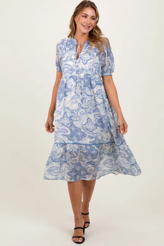 Blue Paisley Front Tie Ruffle Trim Midi Dress sold by Pinkblush