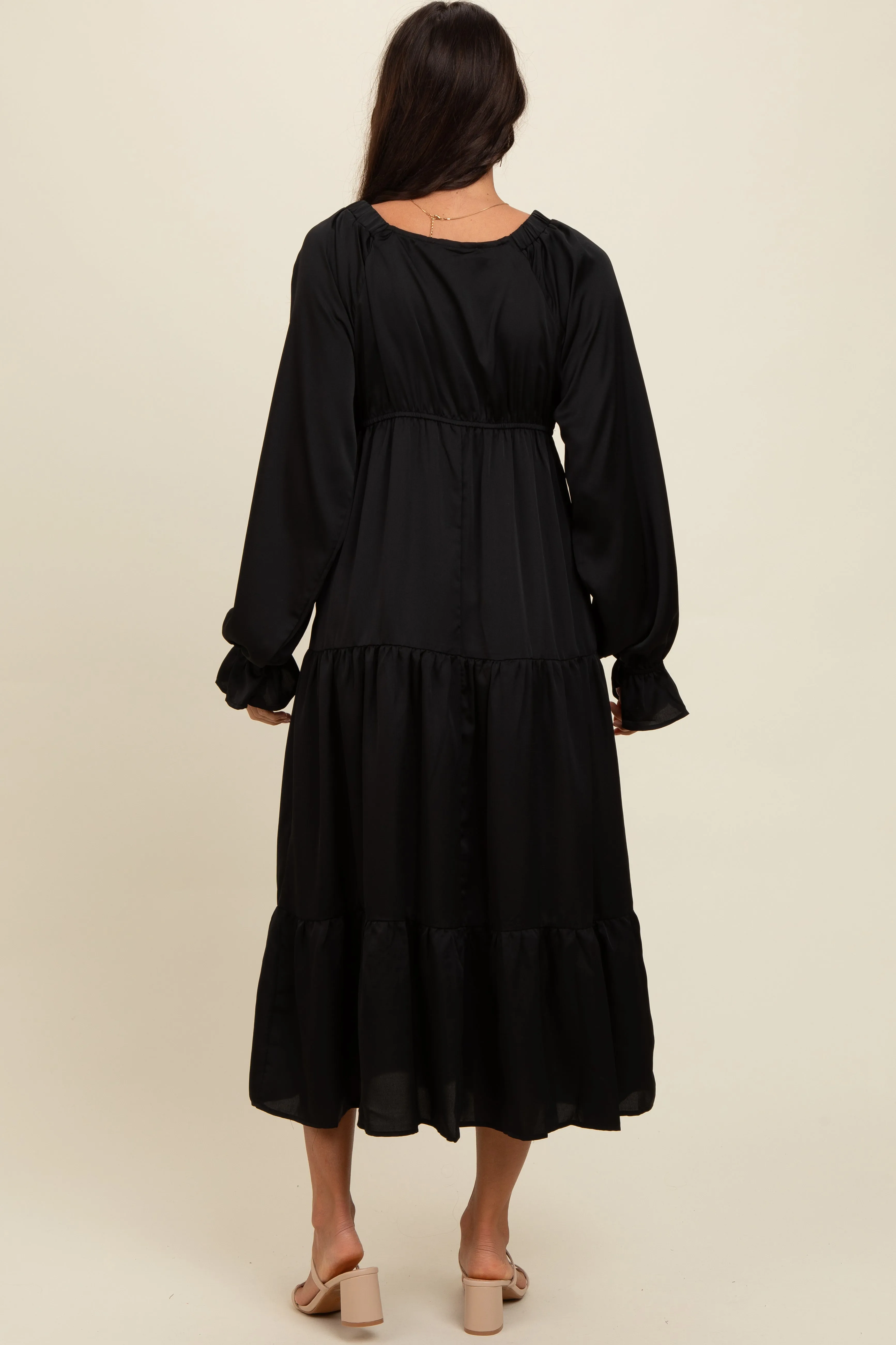 Black Satin V-Neck Tiered Maxi Dress sold by Pinkblush product image thumbnail 4