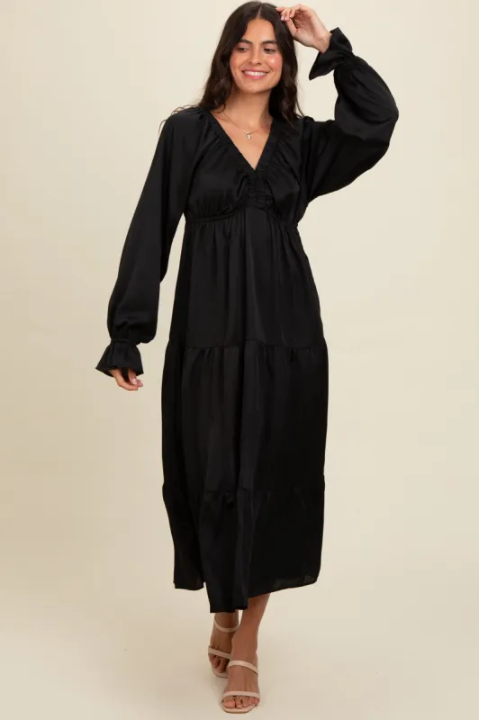 Black Satin V-Neck Tiered Maxi Dress sold by Pinkblush