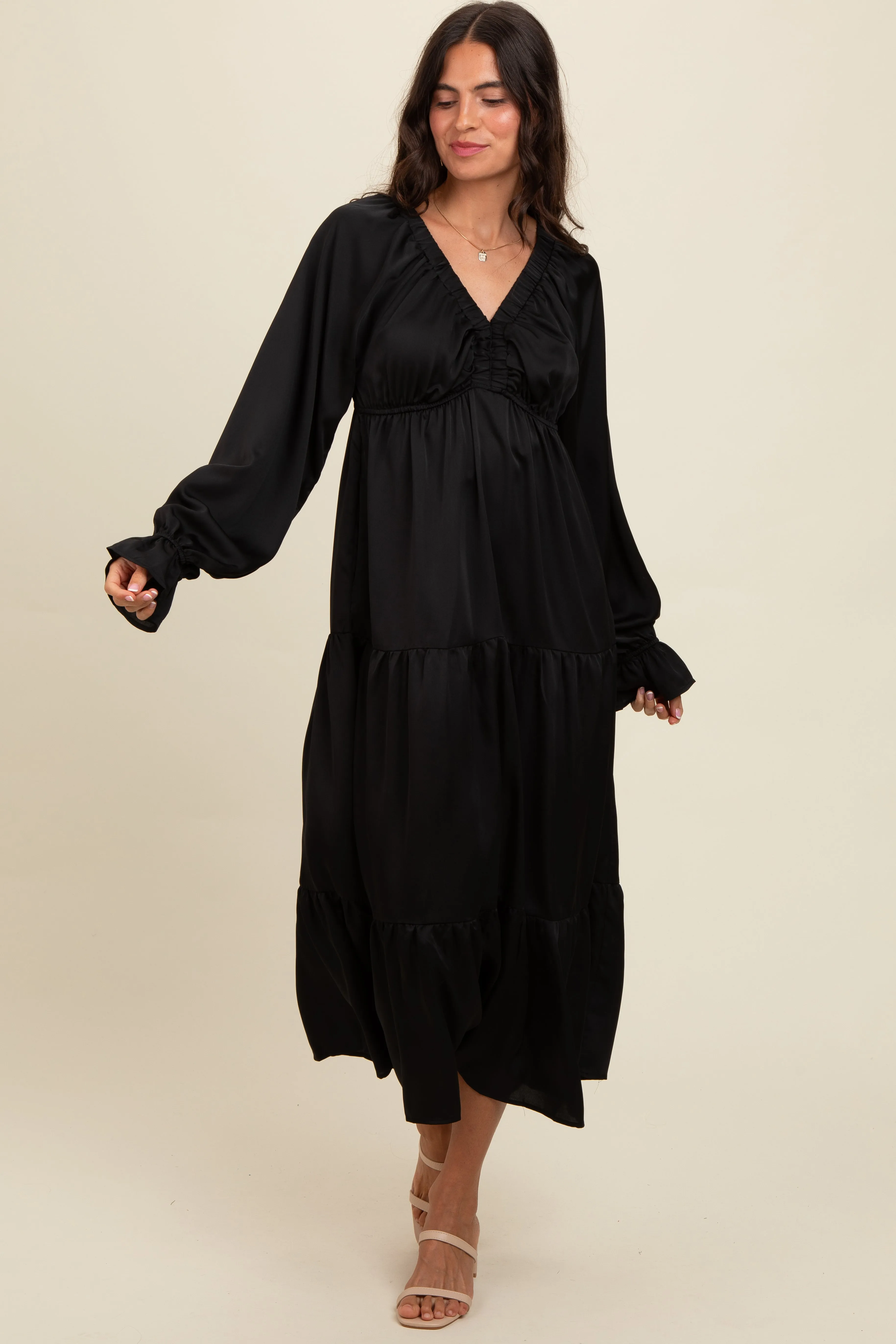 Black Satin V-Neck Tiered Maxi Dress sold by Pinkblush product image thumbnail 2