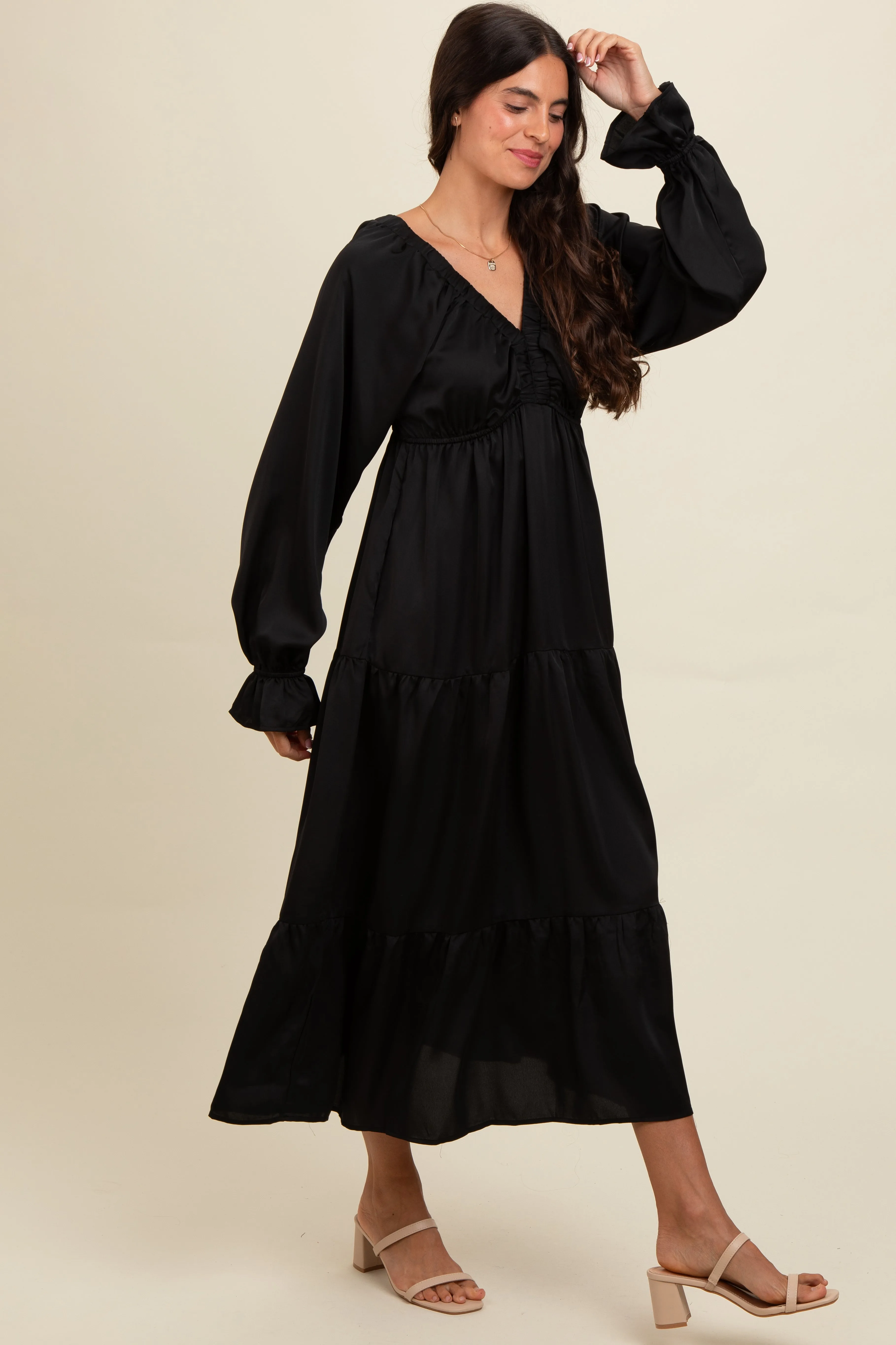 Black Satin V-Neck Tiered Maxi Dress sold by Pinkblush product image thumbnail 3