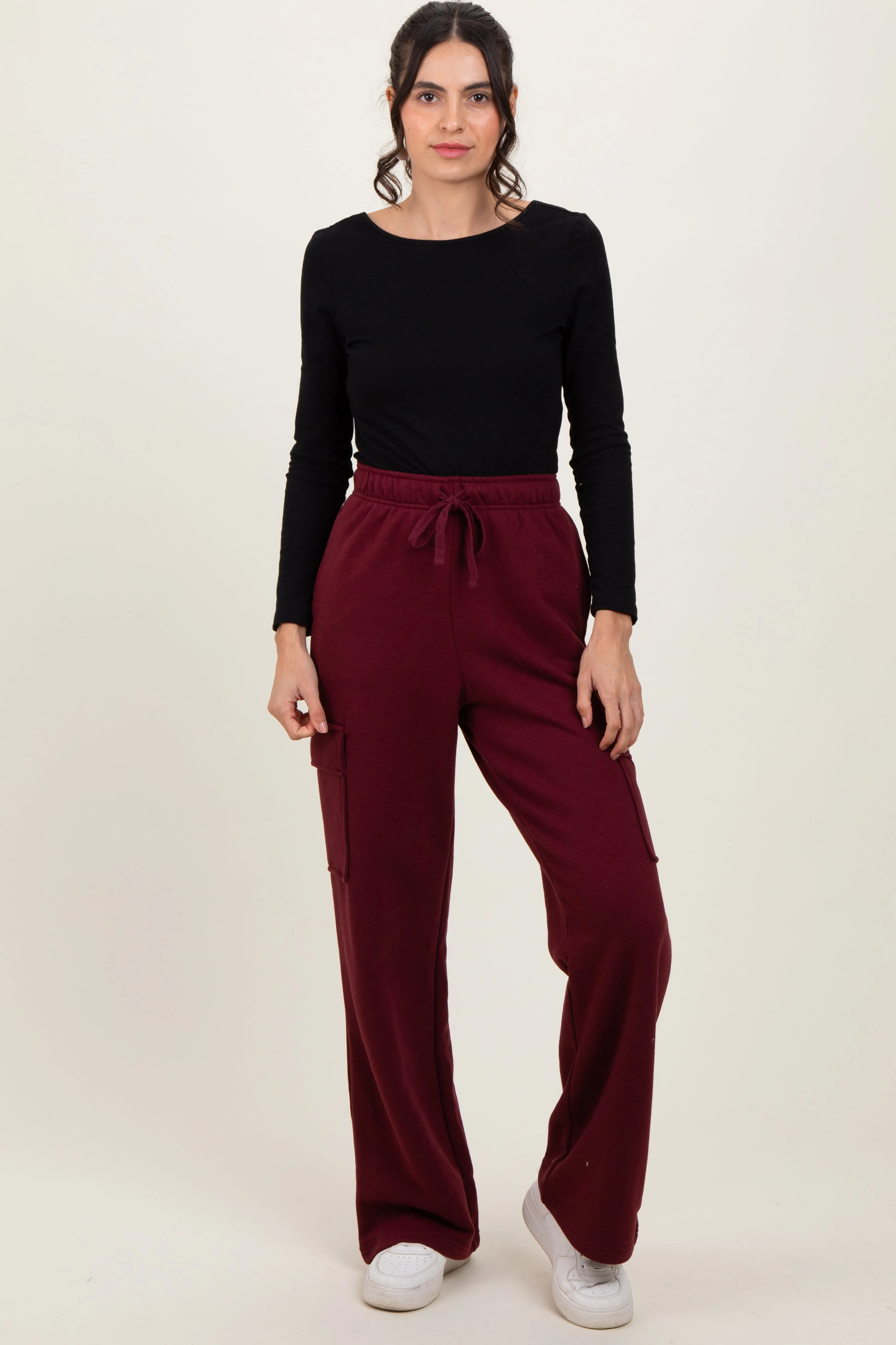 Burgundy Cargo Pocket Straight Leg Sweatpants sold by Pinkblush