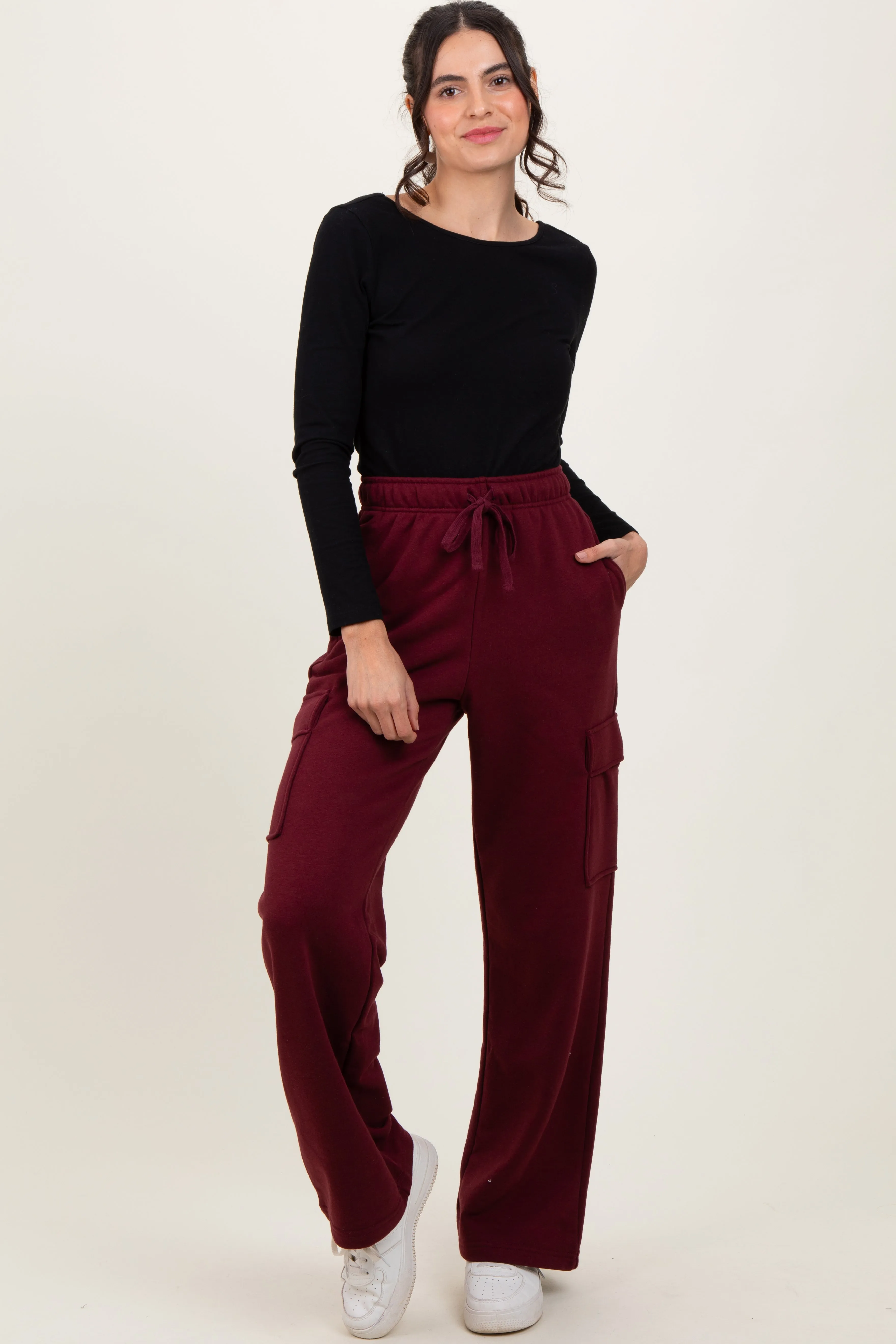 Burgundy Cargo Pocket Straight Leg Sweatpants sold by Pinkblush product image thumbnail 2