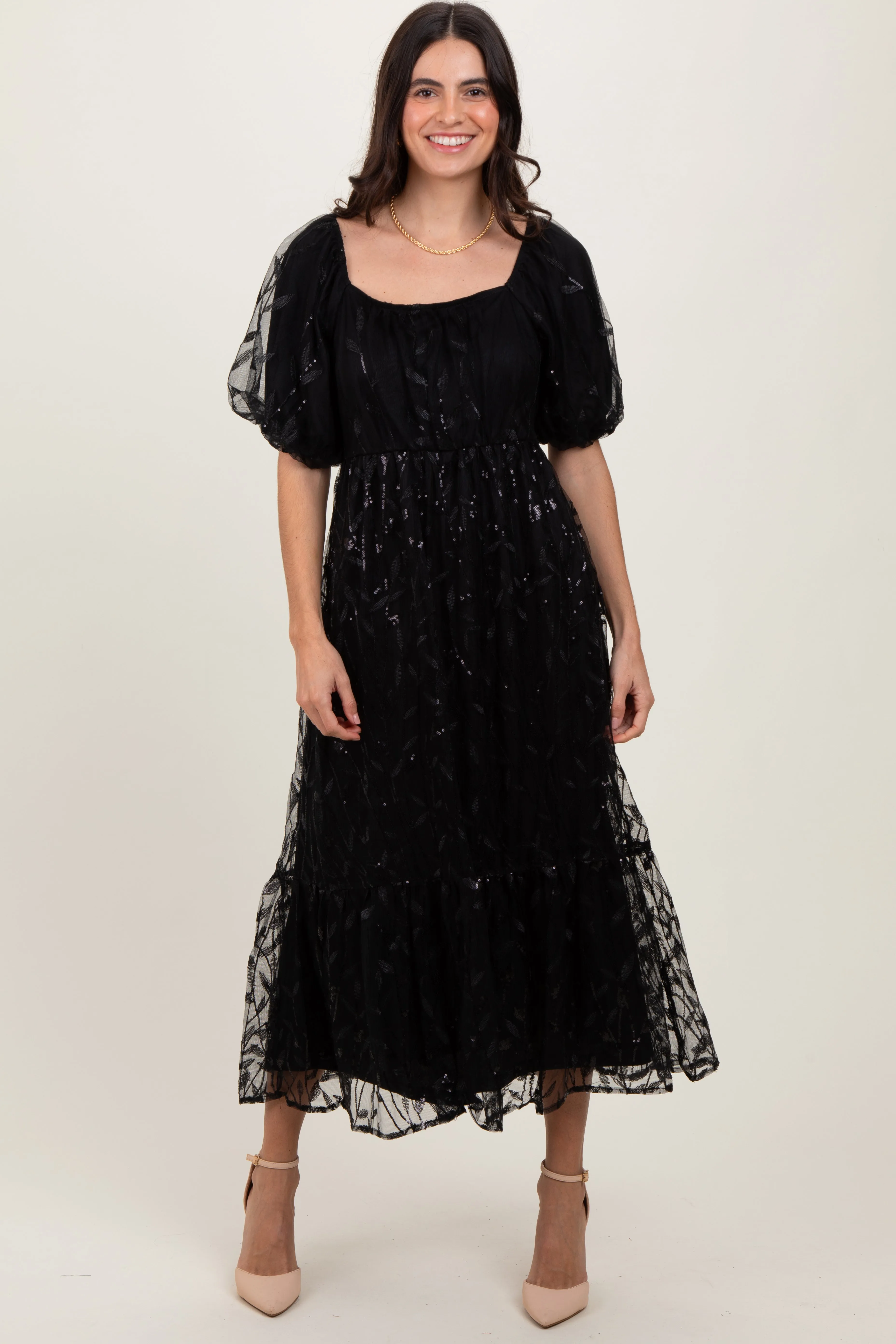 Black Embroidered Sequin Detail Mesh Overlay Maxi Dress sold by Pinkblush product image thumbnail 2