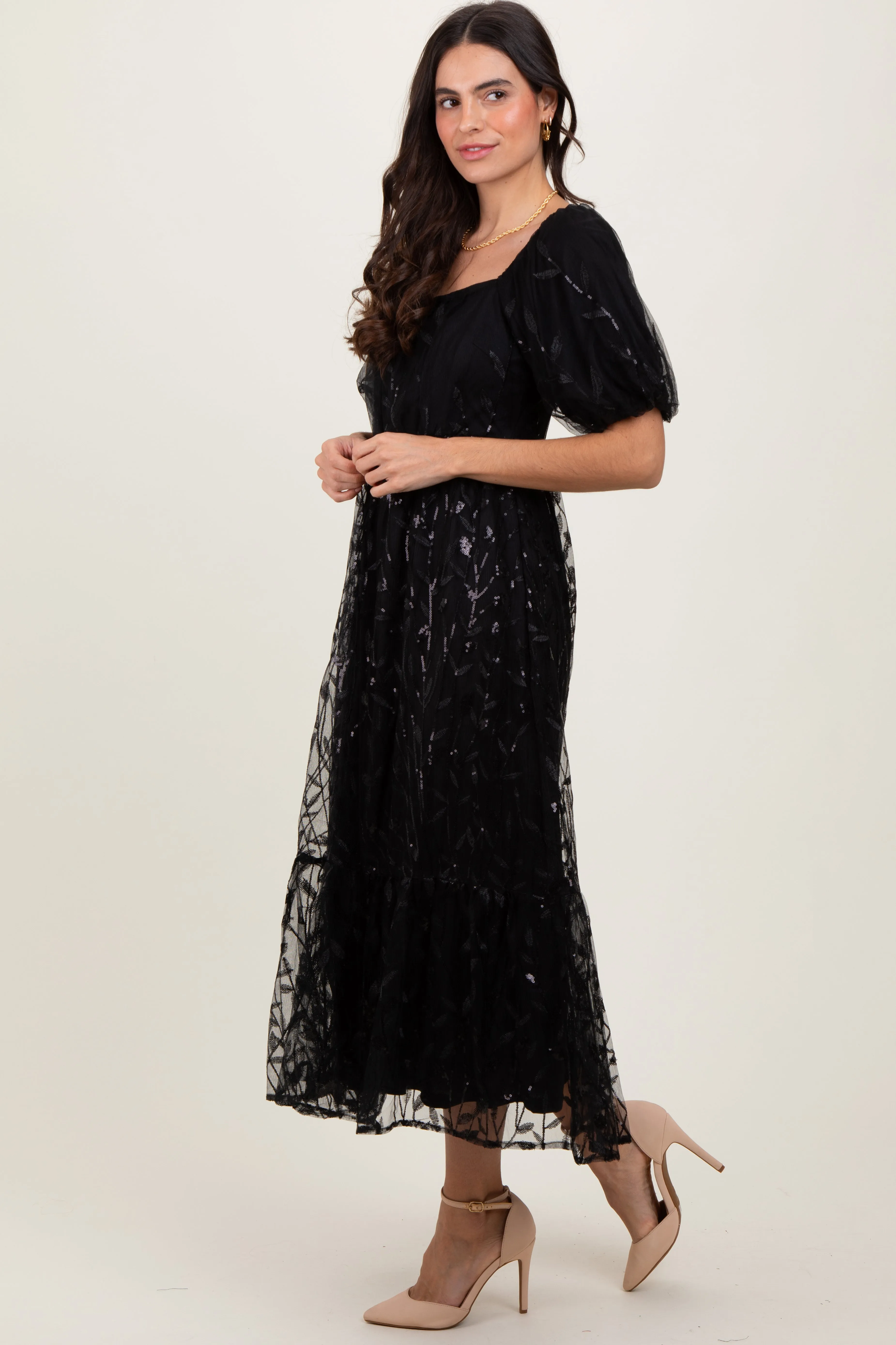 Black Embroidered Sequin Detail Mesh Overlay Maxi Dress sold by Pinkblush