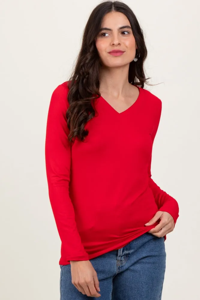 Red Brushed Knit V-Neck Long Sleeve Top sold by Pinkblush