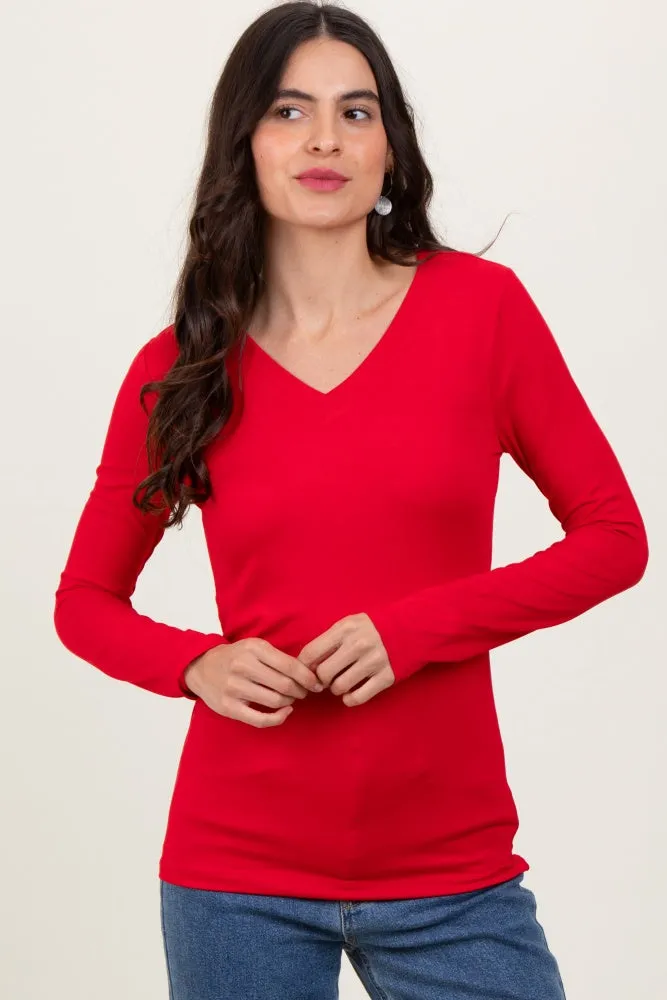 Red Brushed Knit V-Neck Long Sleeve Top sold by Pinkblush product image thumbnail 2