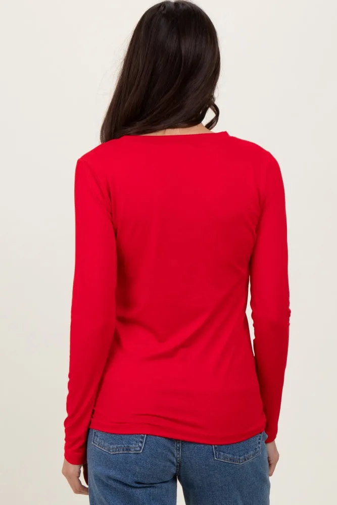 Red Brushed Knit V-Neck Long Sleeve Top sold by Pinkblush product image thumbnail 3