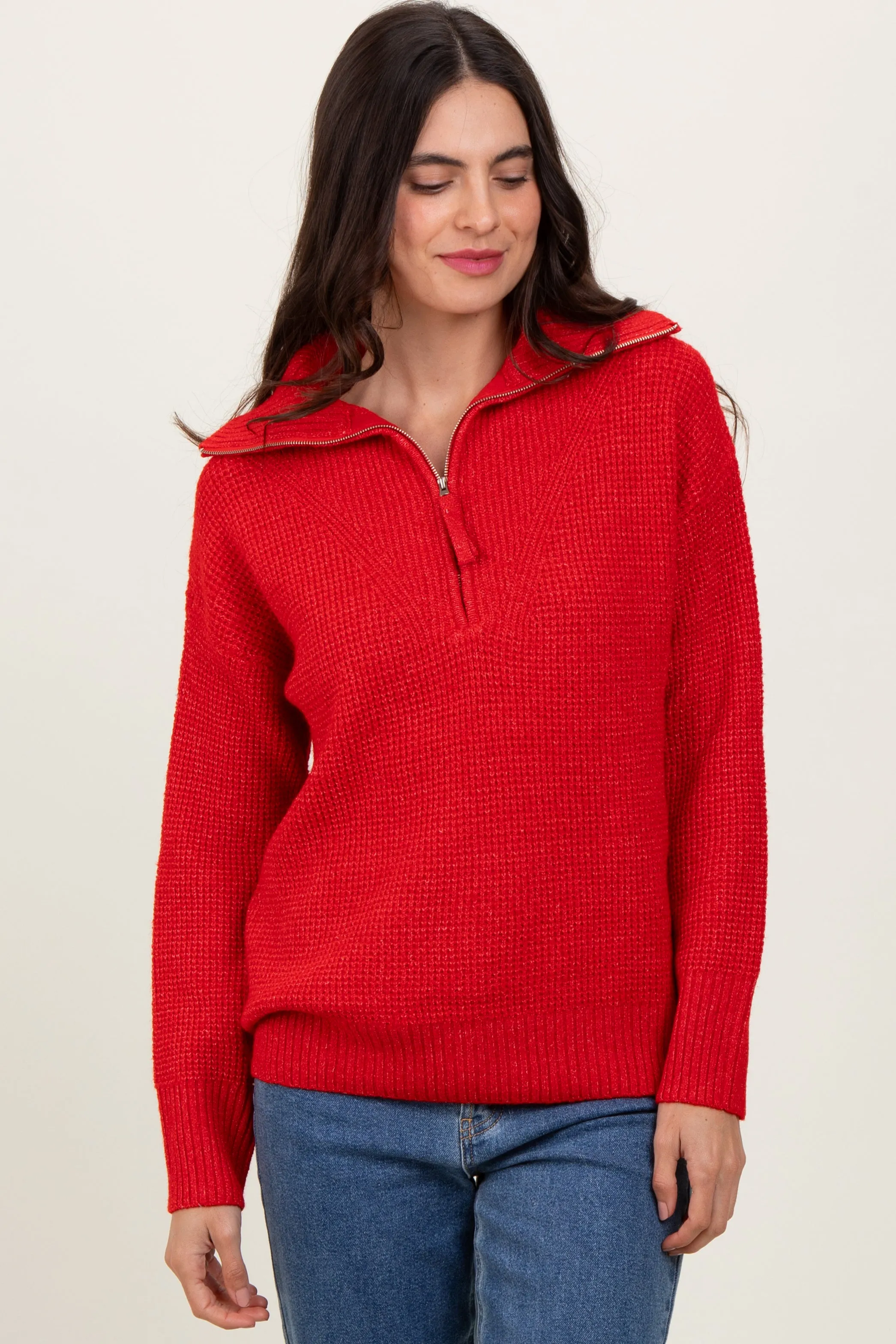 Red Half Zip Pullover Sweater sold by Pinkblush