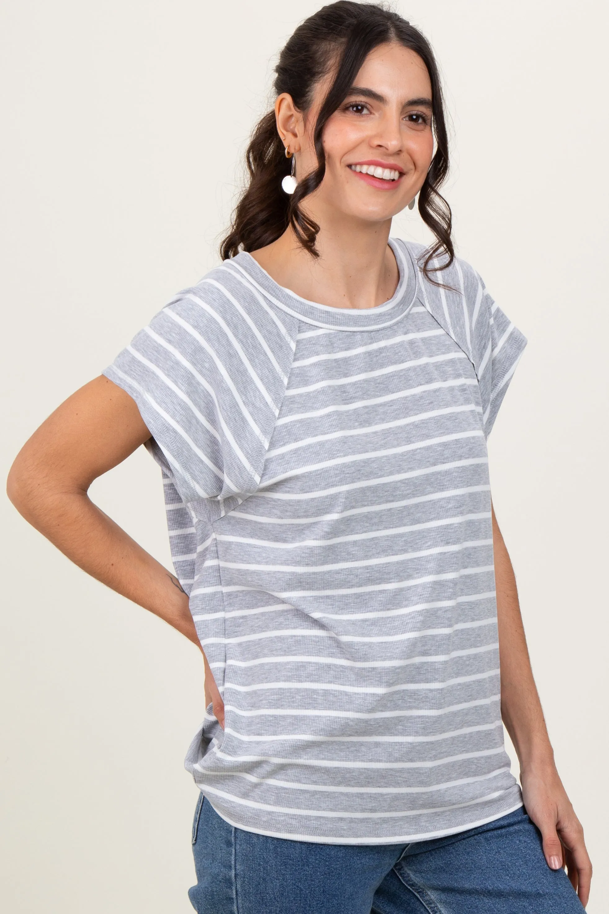 Heather Grey Stripe Ribbed Short Sleeve Tunic Top sold by Pinkblush product image thumbnail 2