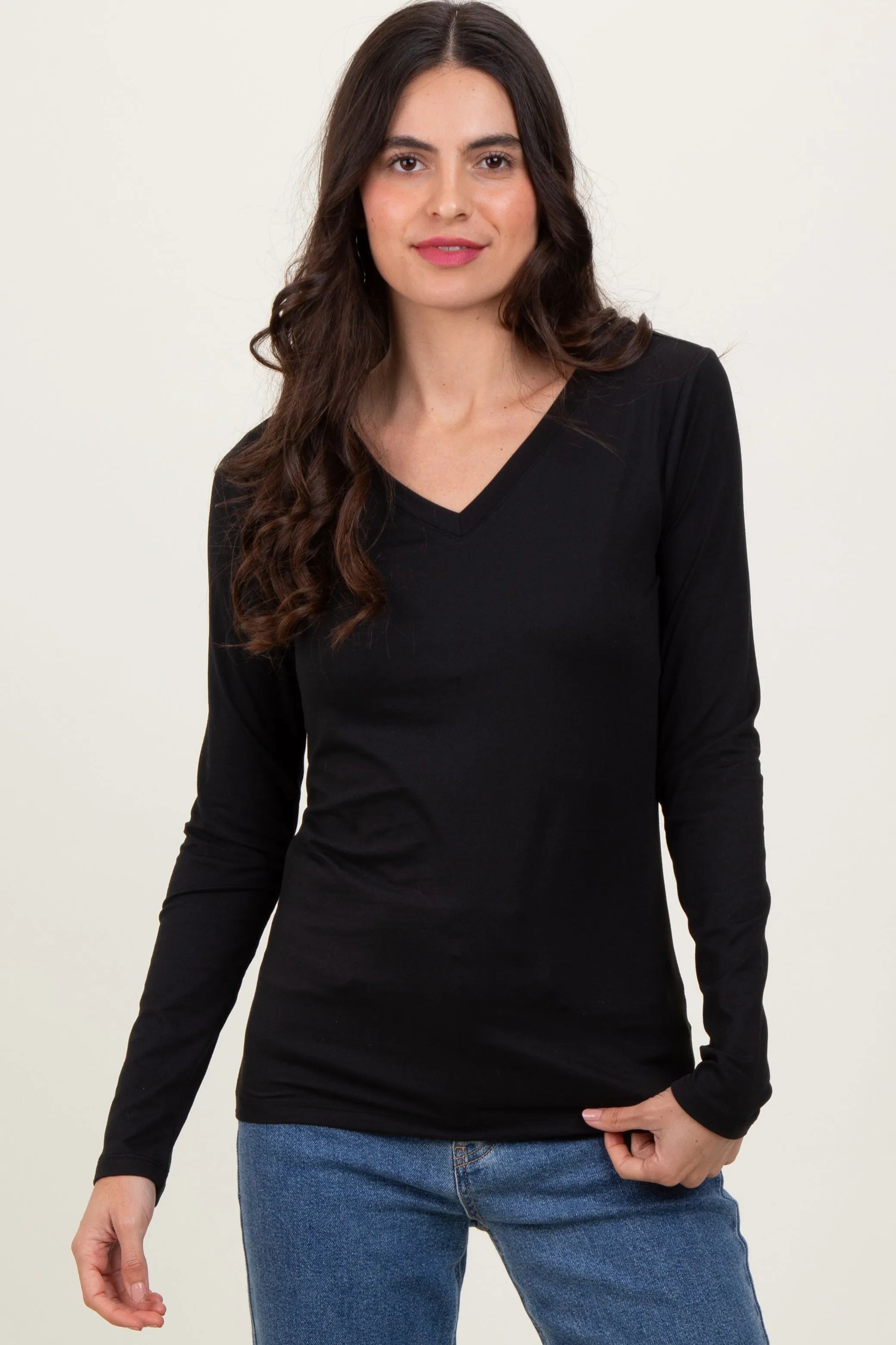 Black Brushed Knit V-Neck Long Sleeve Top sold by Pinkblush