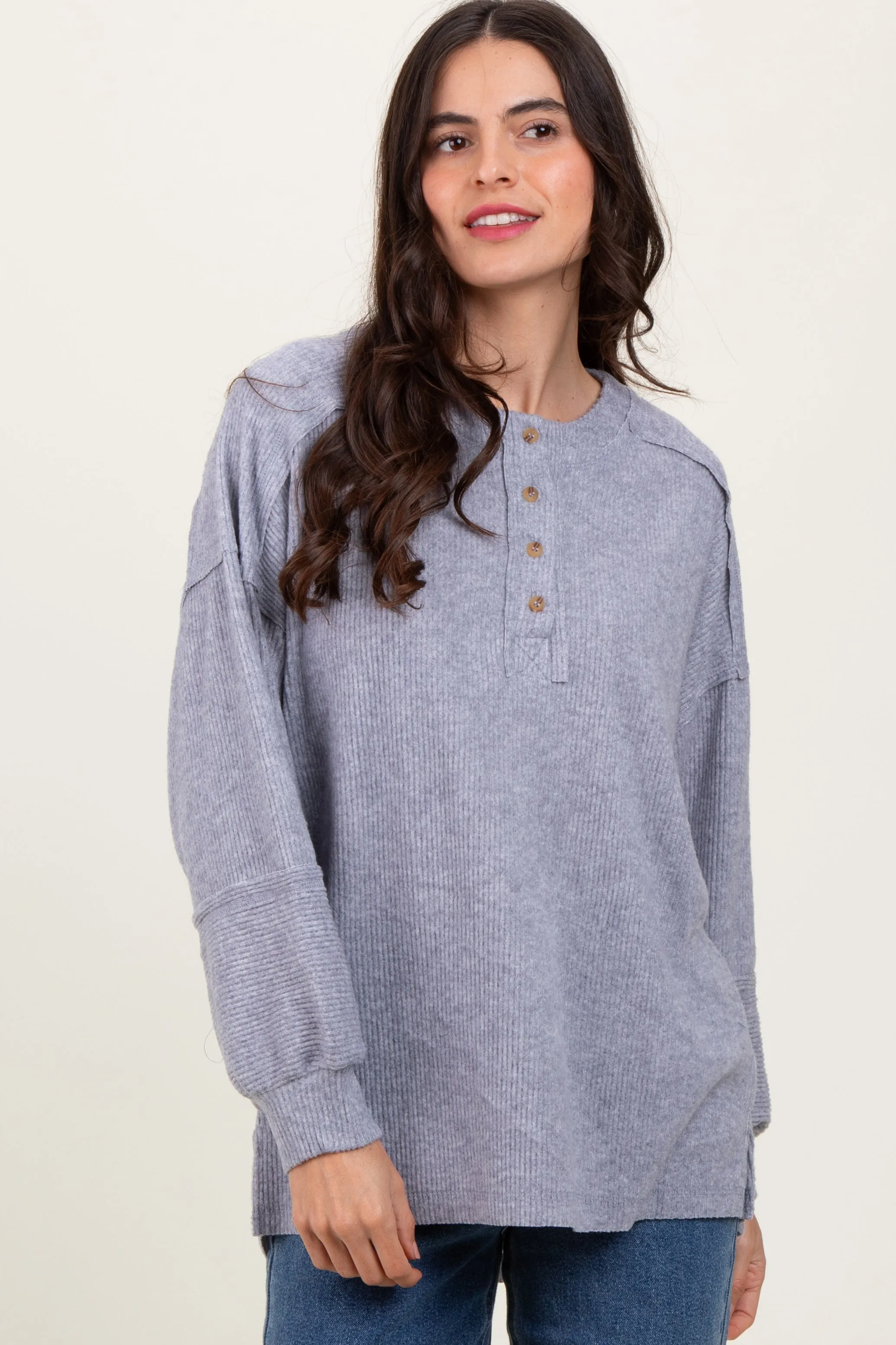 Heather Grey Oversized Ribbed Knit Henley Sweater sold by Pinkblush