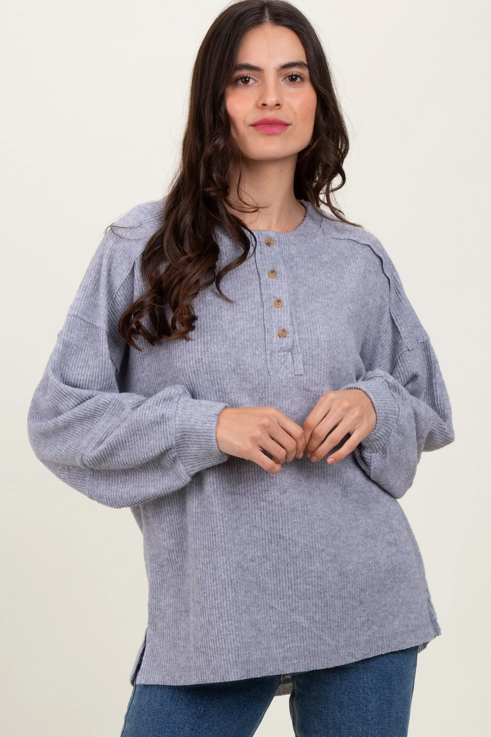 Heather Grey Oversized Ribbed Knit Henley Sweater sold by Pinkblush product image thumbnail 2