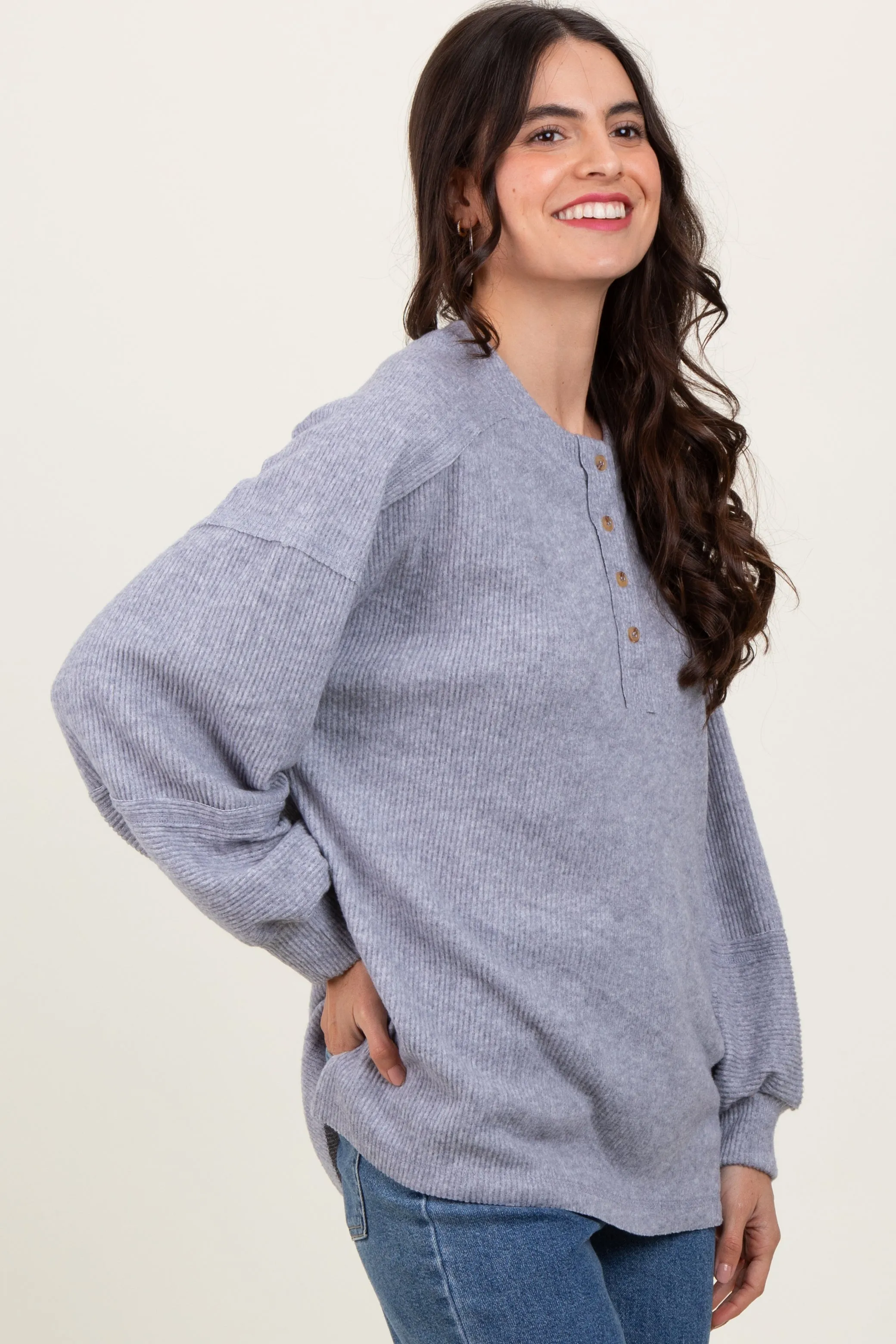 Heather Grey Oversized Ribbed Knit Henley Sweater sold by Pinkblush product image thumbnail 3