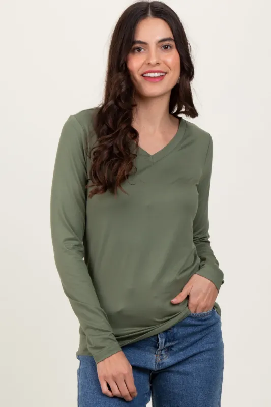 Olive Brushed Knit V-Neck Long Sleeve Top sold by Pinkblush