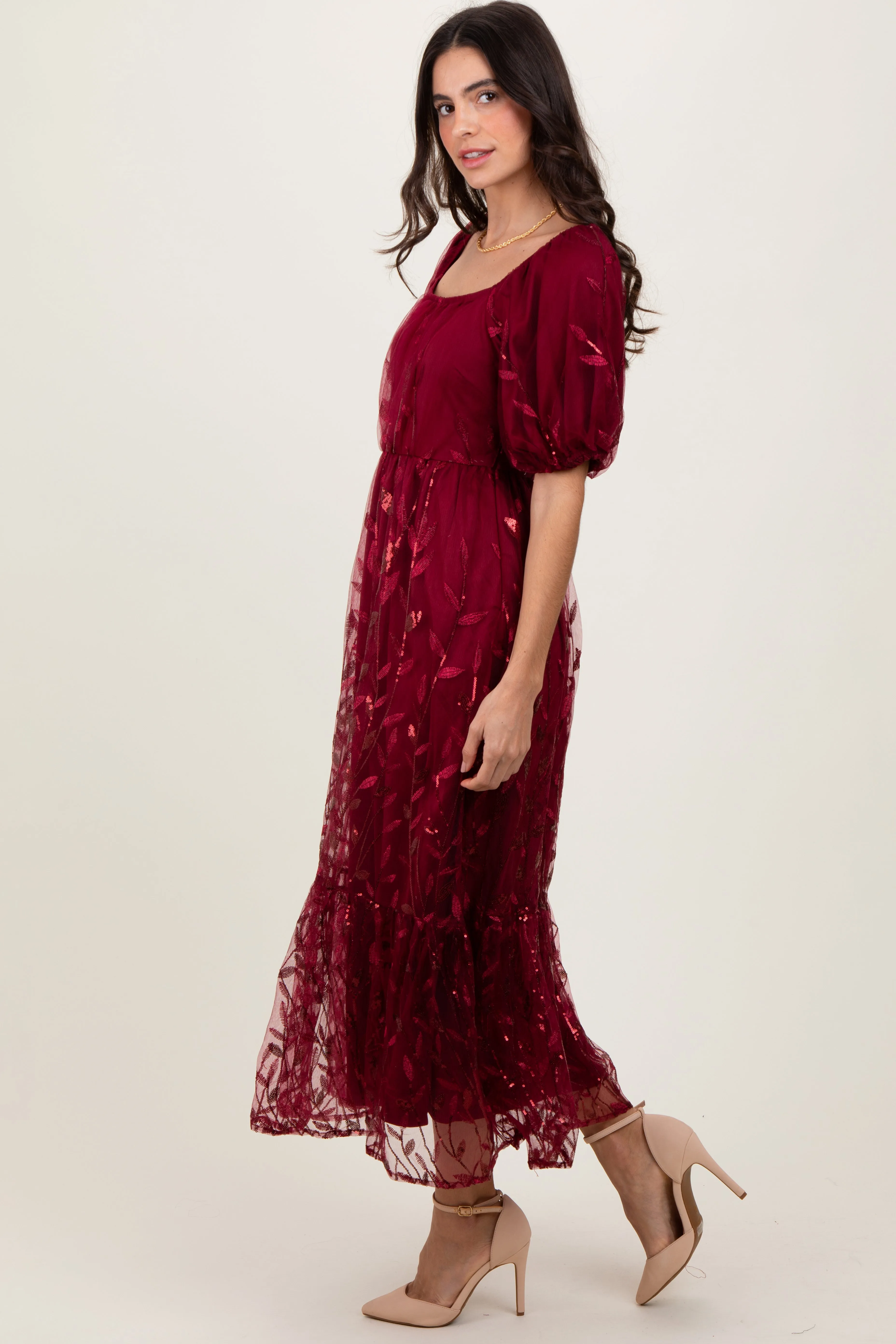 Burgundy Embroidered Sequin Detail Mesh Overlay Maxi Dress sold by Pinkblush product image thumbnail 2