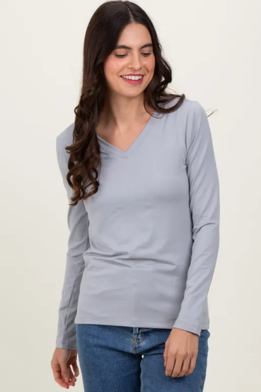 Heather Grey Brushed Knit V-Neck Long Sleeve Top sold by Pinkblush