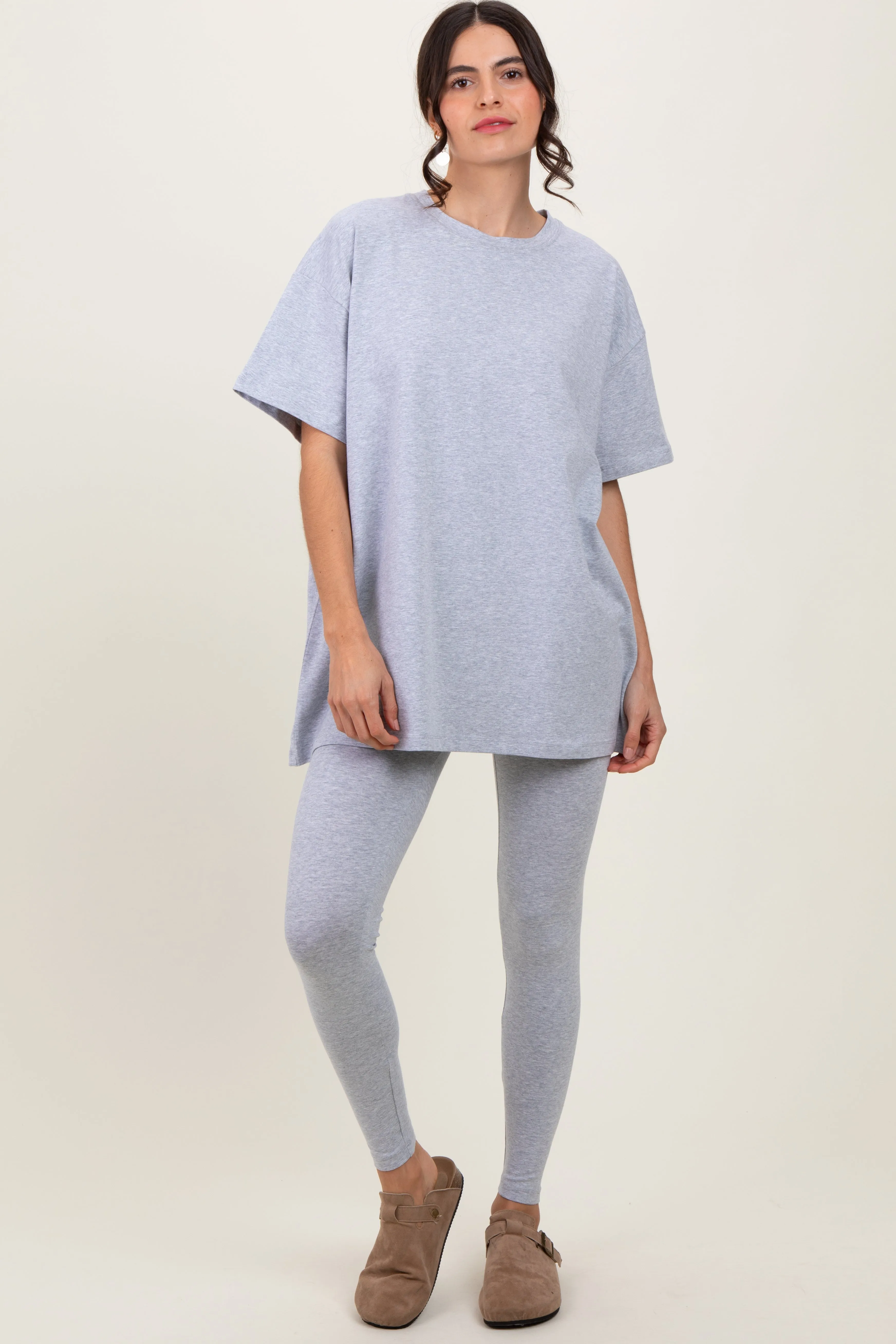 Heather Grey Oversized Crewneck Short Sleeve and Legging Set sold by Pinkblush