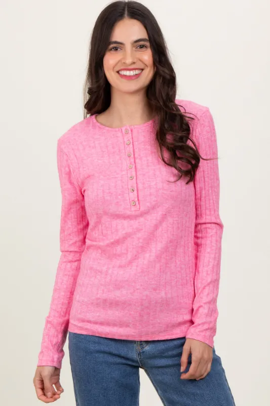 Fuchsia Ribbed Knit Button Long Sleeve Top sold by Pinkblush