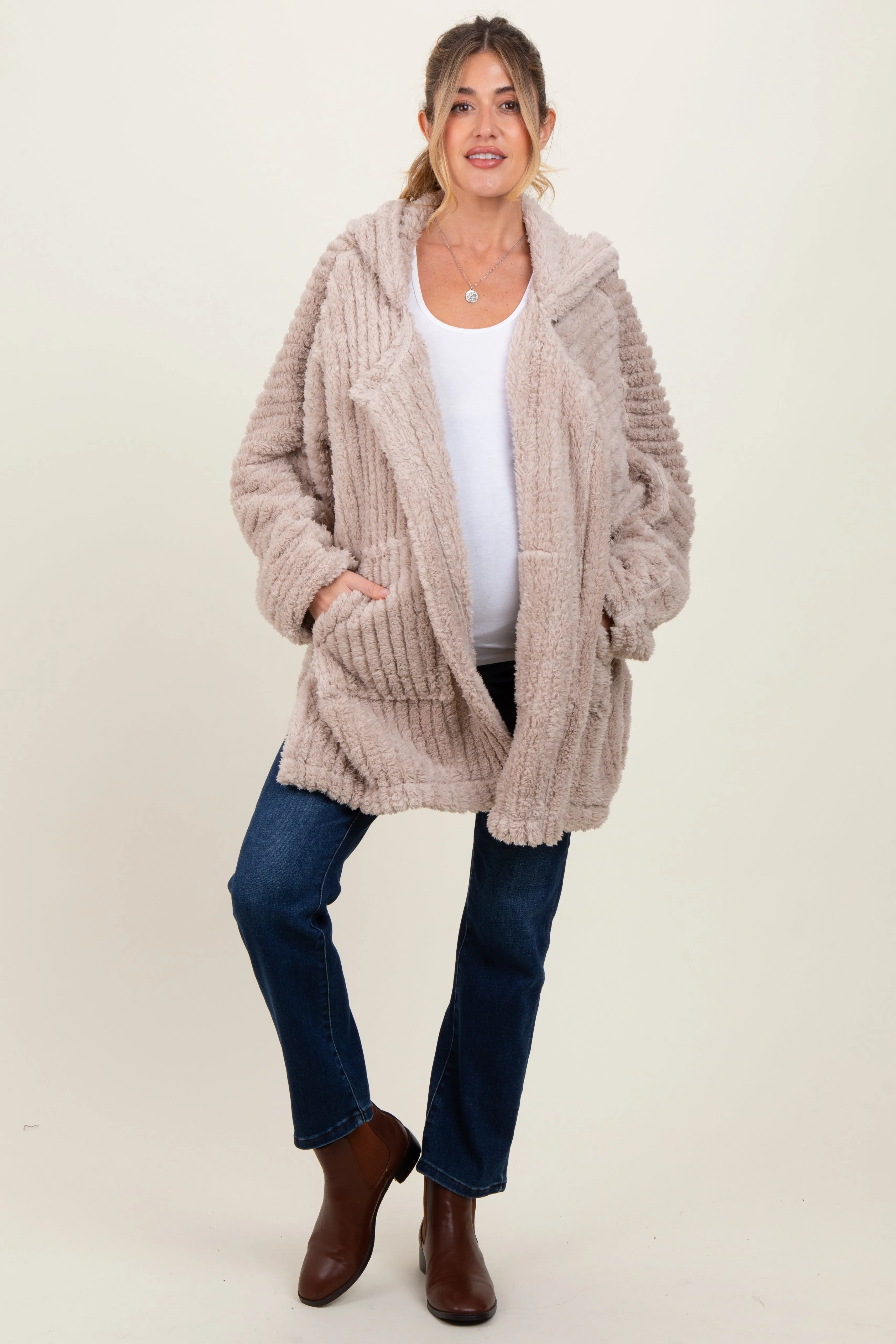 Beige Fuzzy Slit Hem Hooded Maternity Cardigan sold by Pinkblush