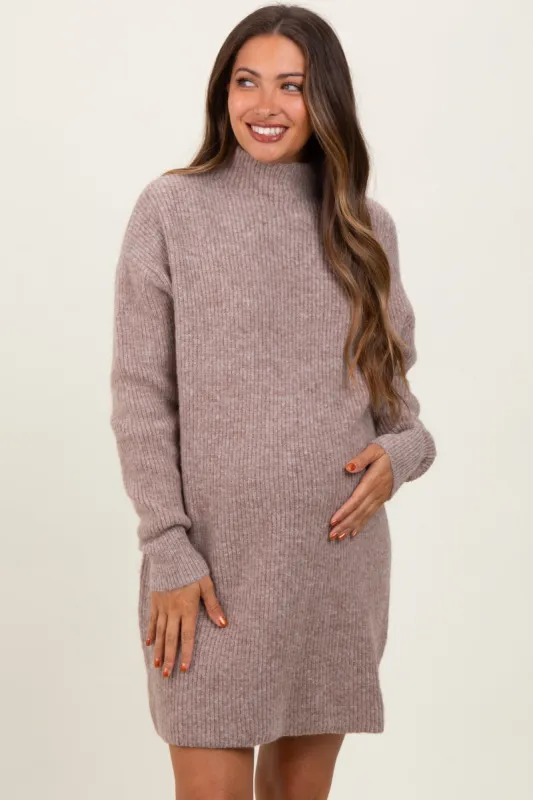 Mocha Mock Neck Maternity Mini Sweater Dress sold by Pinkblush