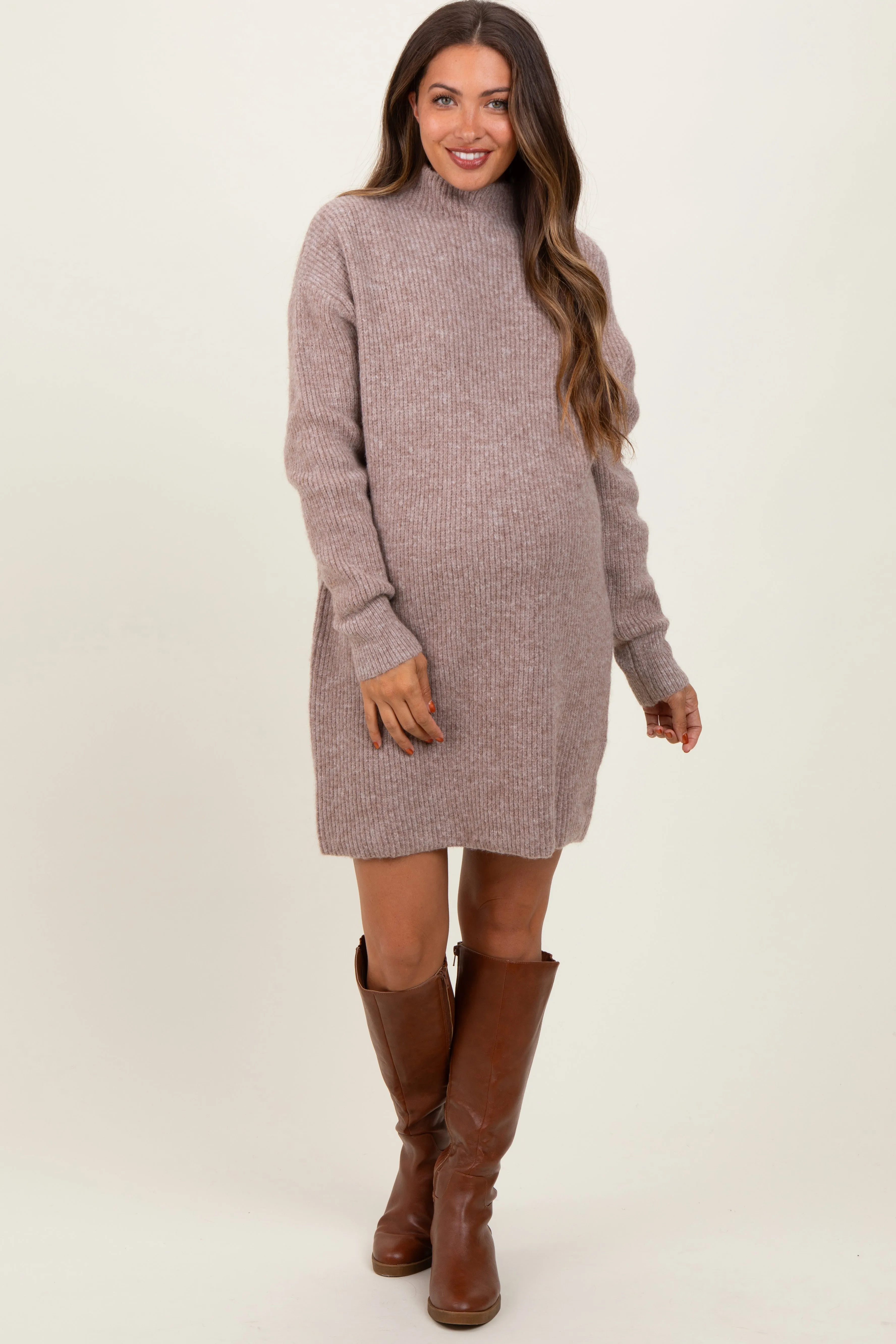 Mocha Mock Neck Maternity Mini Sweater Dress sold by Pinkblush product image thumbnail 2