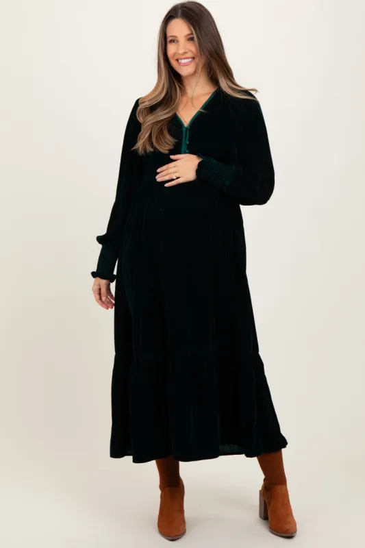 Forest Green Velvet Button Accent Smocked Sleeve Maternity Midi Dress sold by Pinkblush
