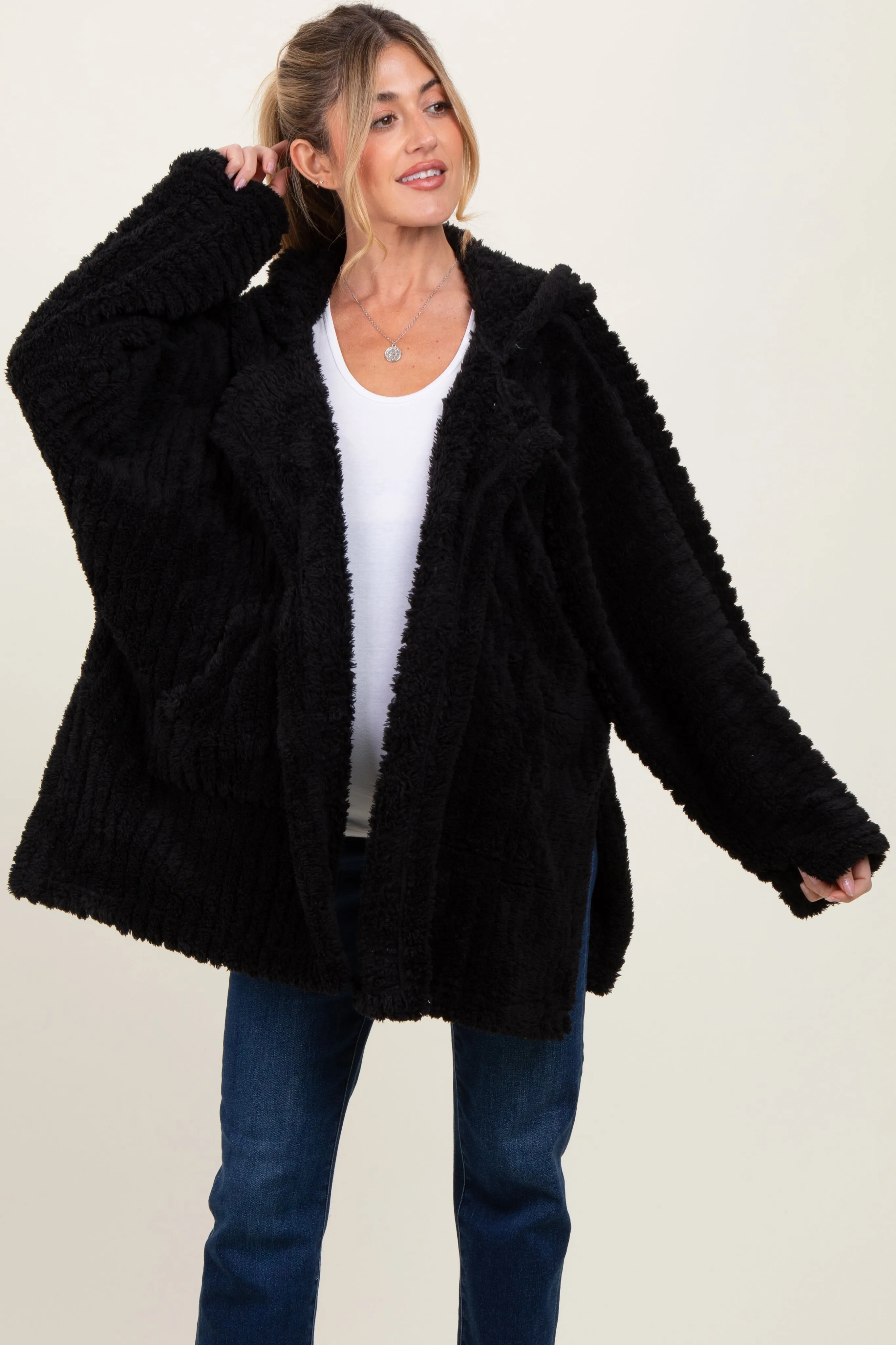Black Fuzzy Slit Hem Hooded Maternity Cardigan sold by Pinkblush product image thumbnail 2