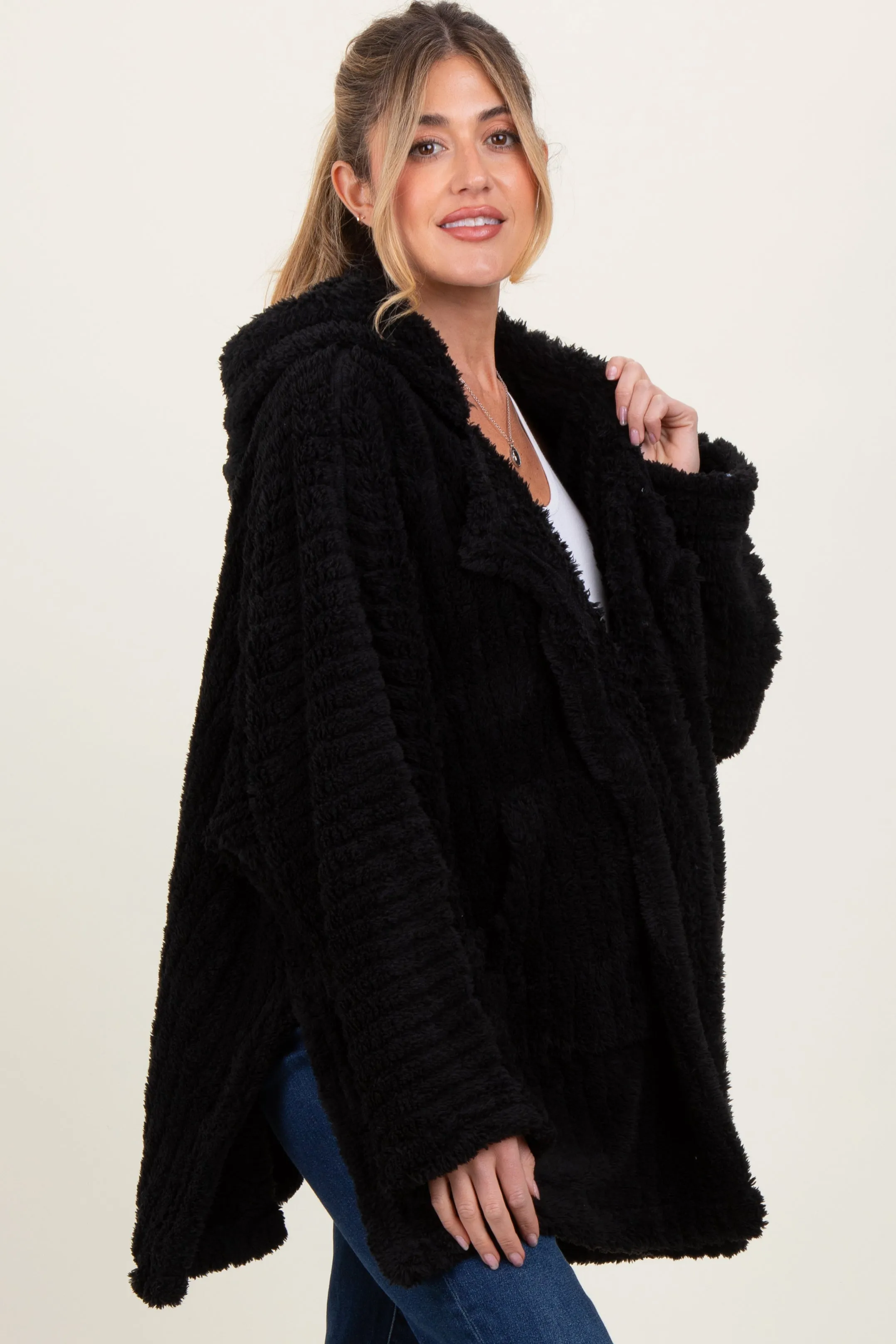 Black Fuzzy Slit Hem Hooded Maternity Cardigan sold by Pinkblush product image thumbnail 4