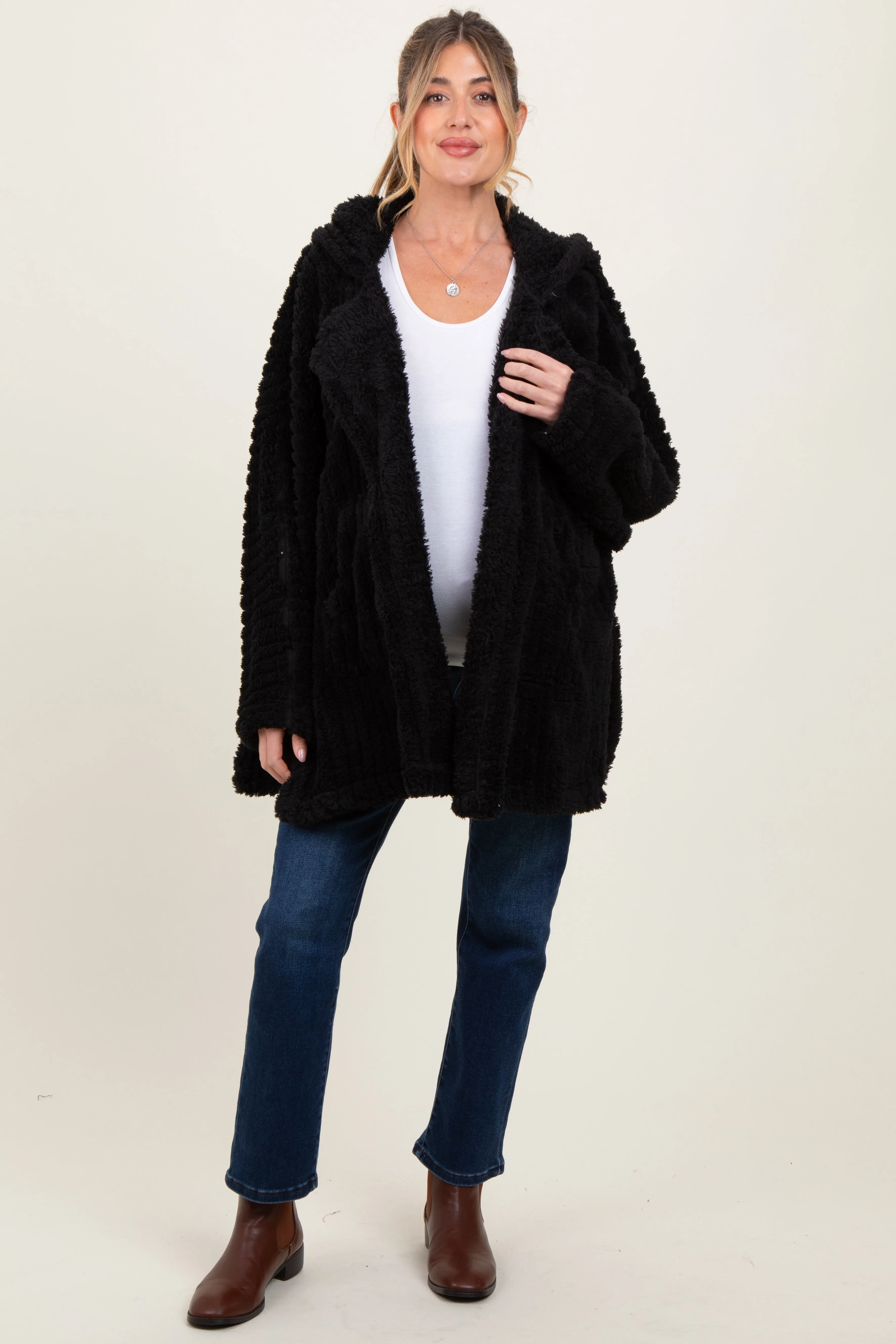 Black Fuzzy Slit Hem Hooded Maternity Cardigan sold by Pinkblush