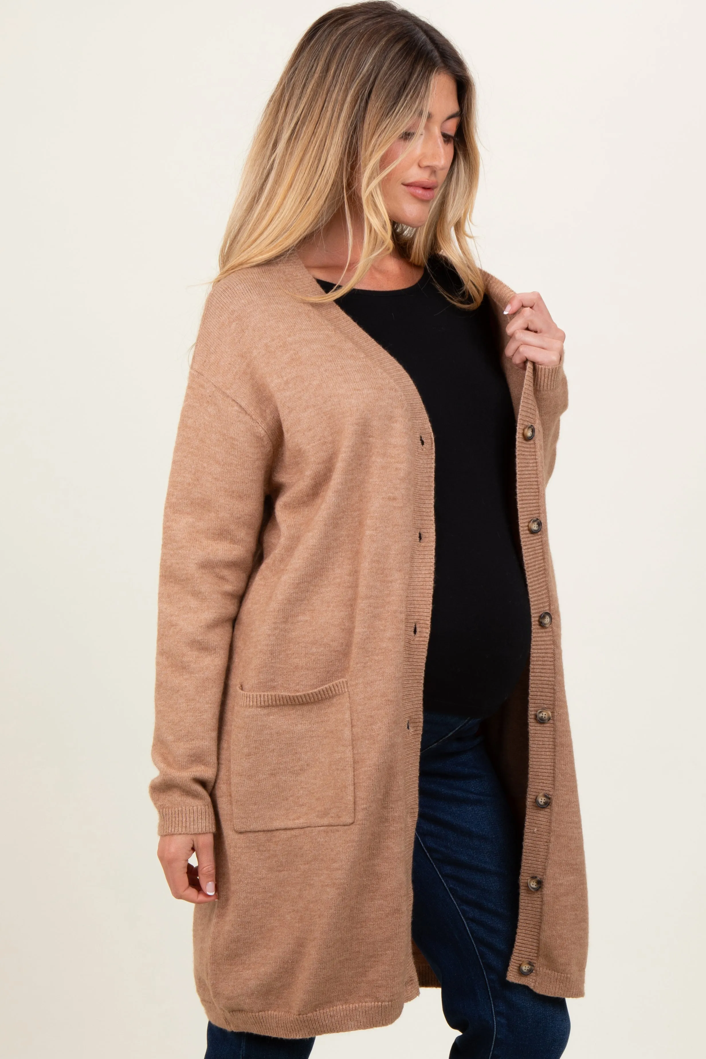 Camel Button Down V-Neck Long Maternity Cardigan sold by Pinkblush product image thumbnail 3