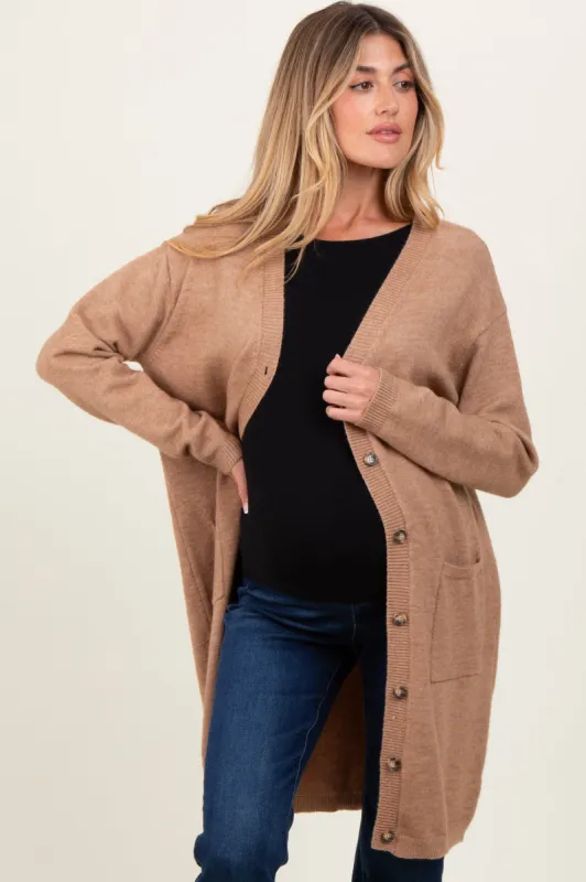 Camel Button Down V-Neck Long Maternity Cardigan sold by Pinkblush
