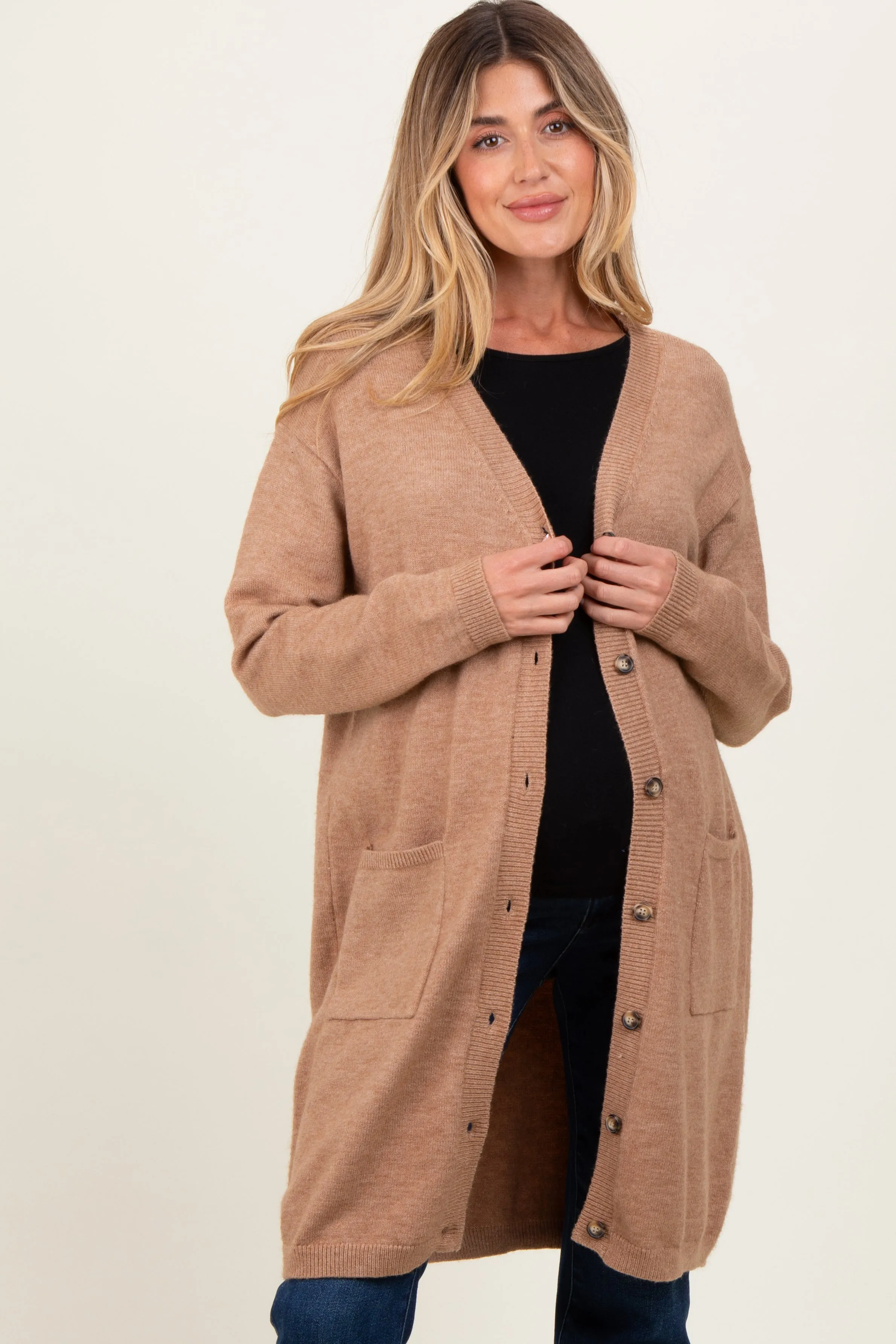 Camel Button Down V-Neck Long Maternity Cardigan sold by Pinkblush product image thumbnail 2