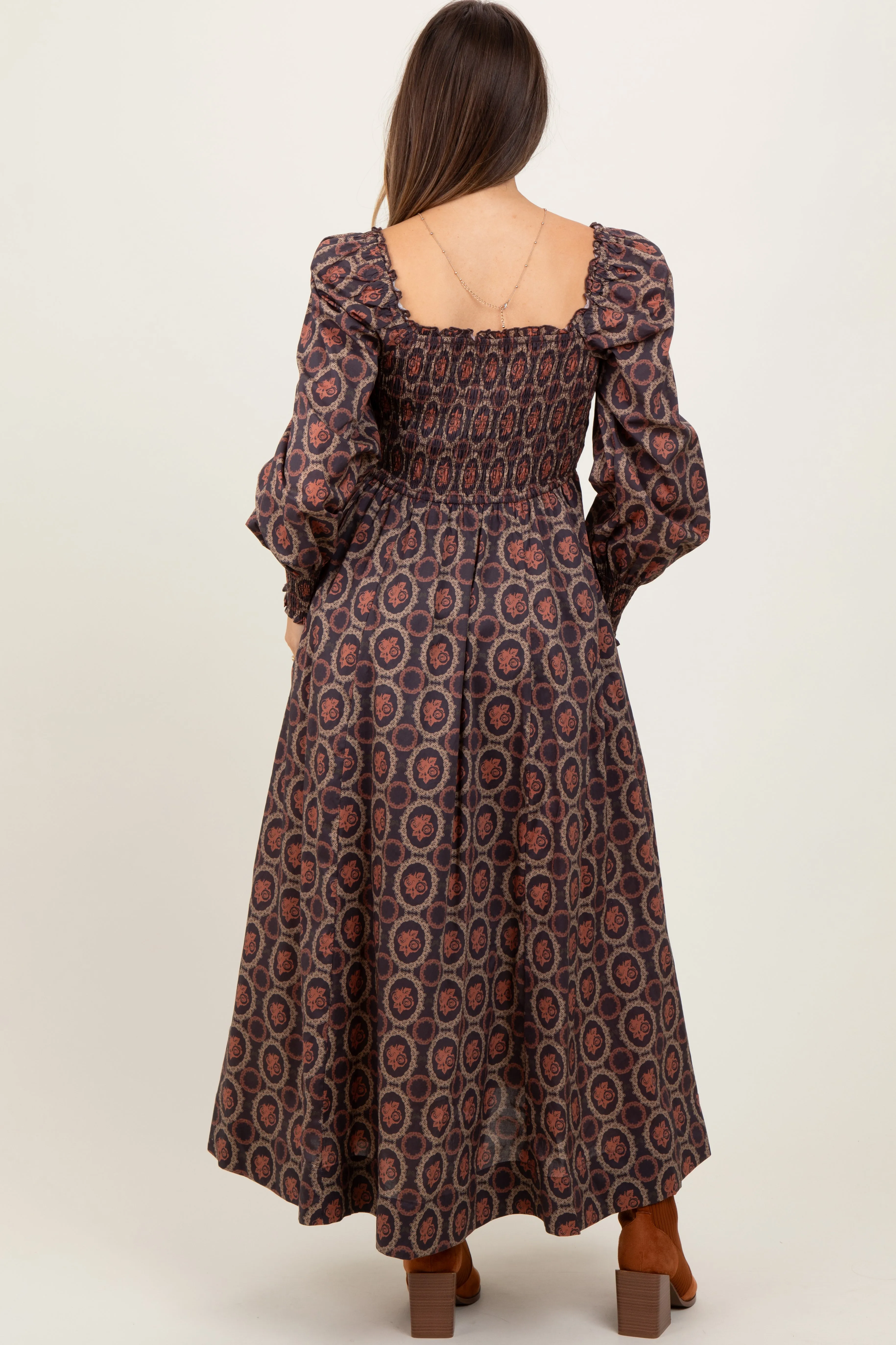 Brown Smocked Printed Square Neck Maternity Maxi Dress sold by Pinkblush product image thumbnail 4